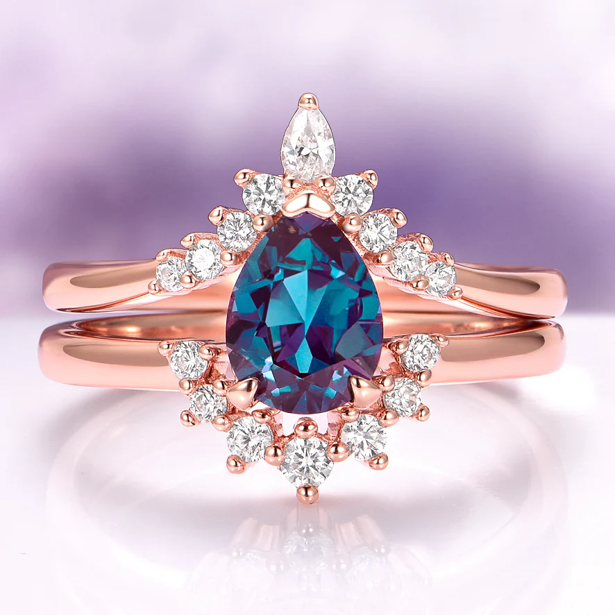 Lunette Teardrop Alexandrite Engagement Ring Set in 14K Solid Rose Gold