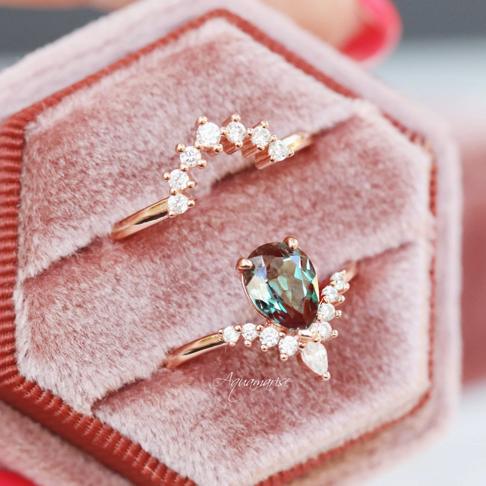 Lunette Teardrop Alexandrite Engagement Ring Set in 14K Solid Rose Gold - Image 2