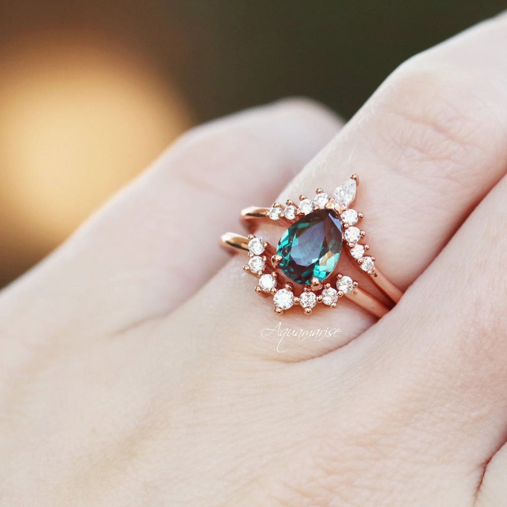 Lunette Teardrop Alexandrite Engagement Ring Set in 14K Solid Rose Gold - Image 4