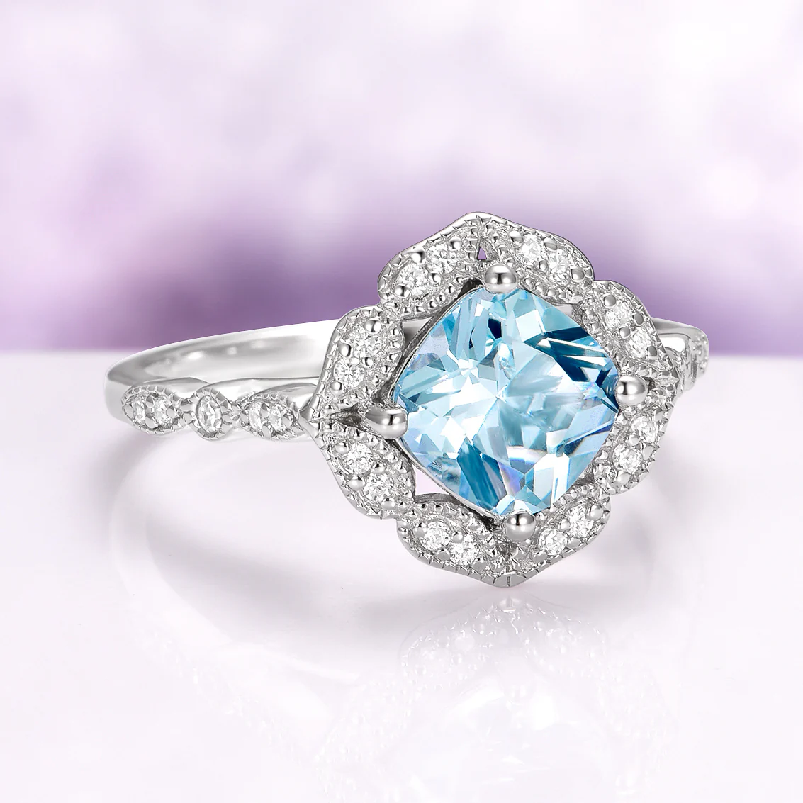 Cushion Cut Vintage Aquamarine Ring in Sterling Silver - Image 3