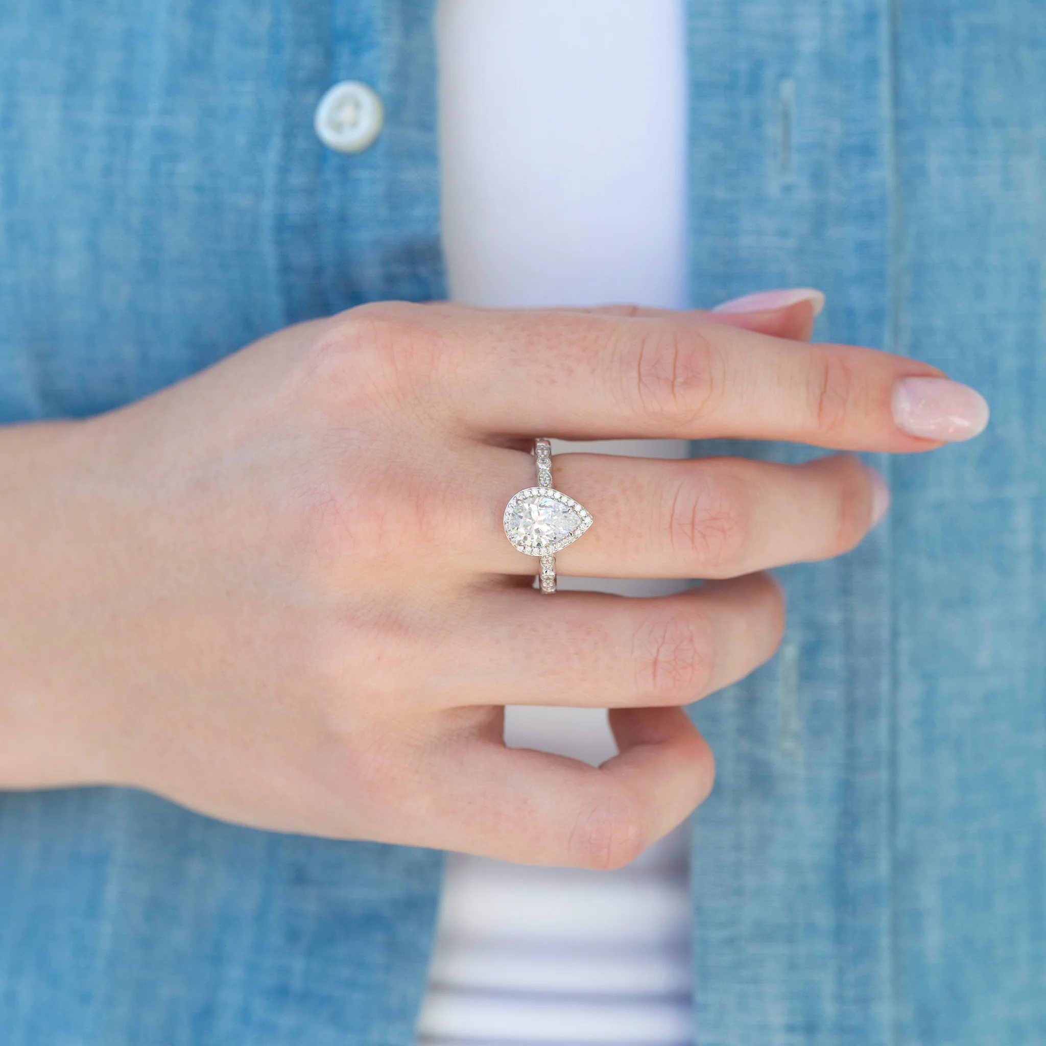 Pear Cut Moissanite Engagement Ring in 14K White Gold - Image 3