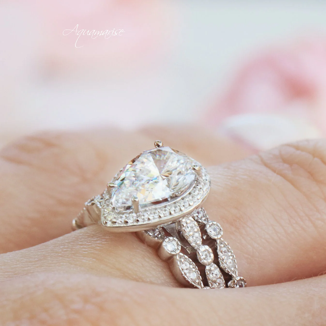 Pear Cut Moissanite Engagement Ring in 14K White Gold - Image 4