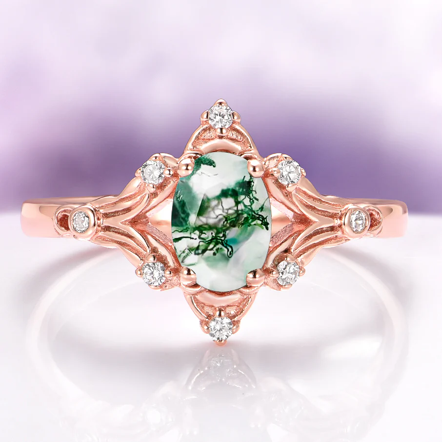 Maeve Green Moss Agate Ring- 14K Solid Rose Gold