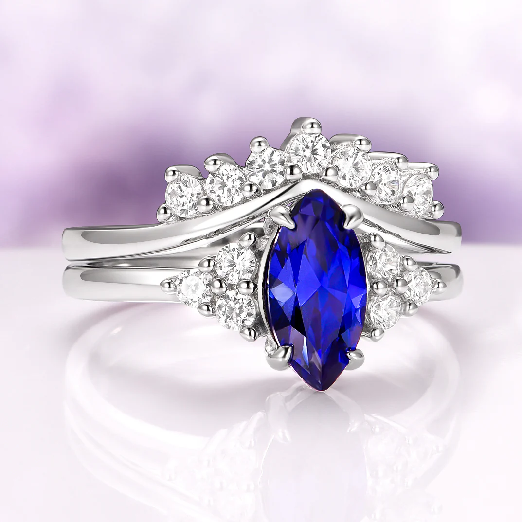 Marquise Cut Blue Sapphire Bridal Ring Set in Sterling Silver - Image 3