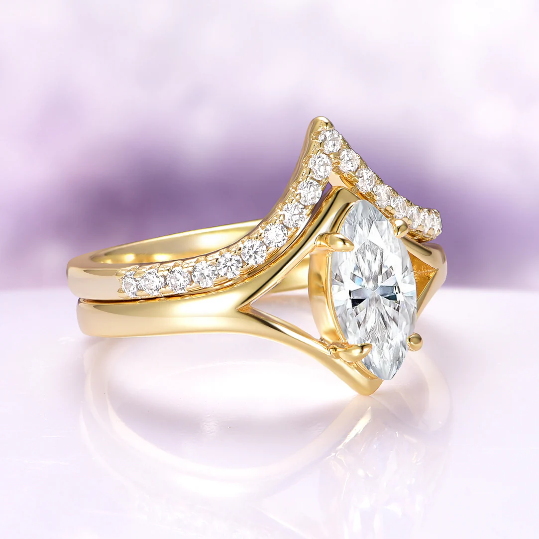Marquise Cut Moissanite Engagement Ring Set in 14K Solid Yellow Gold - Image 4
