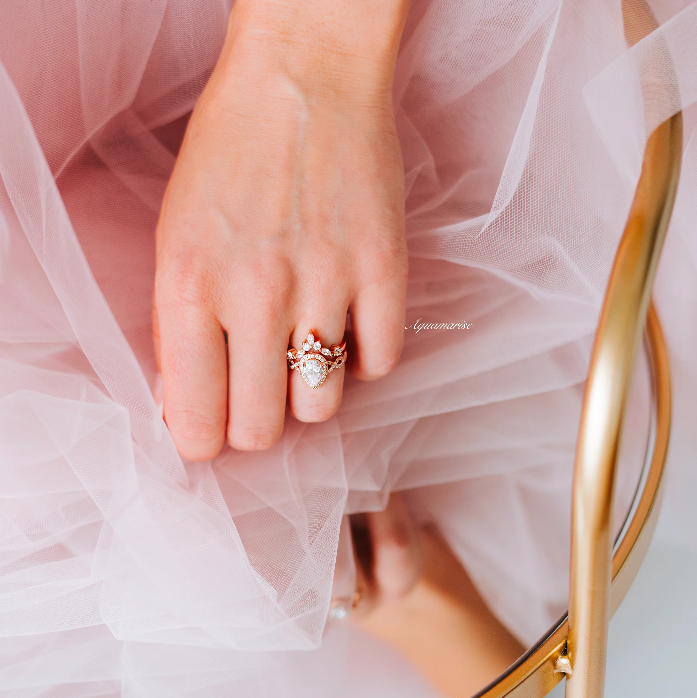 Marquise Natural Diamond or Moissanite Wedding Band in 14K Solid Rose Gold - Image 3