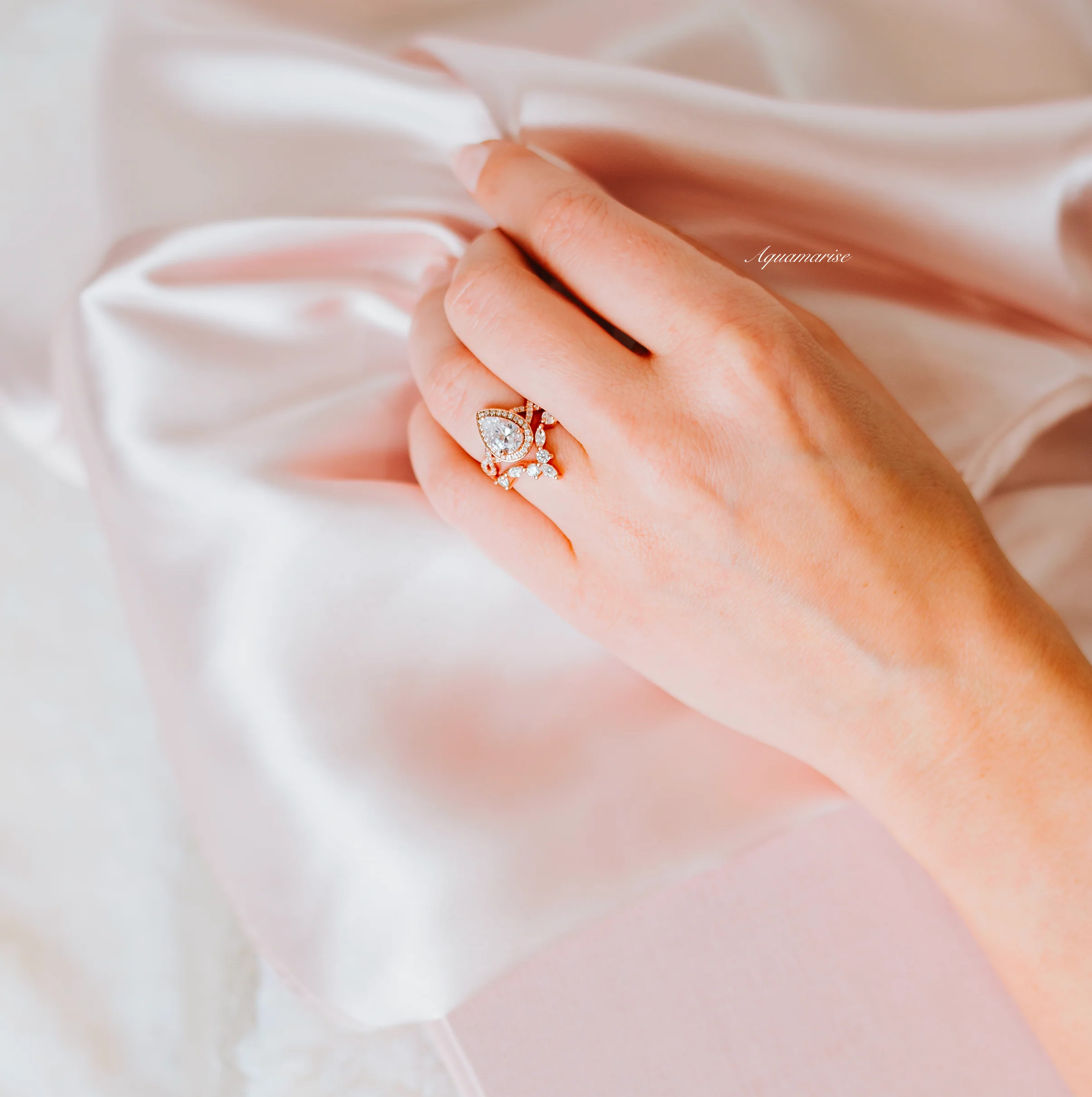 Marquise Natural Diamond or Moissanite Wedding Band in 14K Solid Rose Gold - Image 5