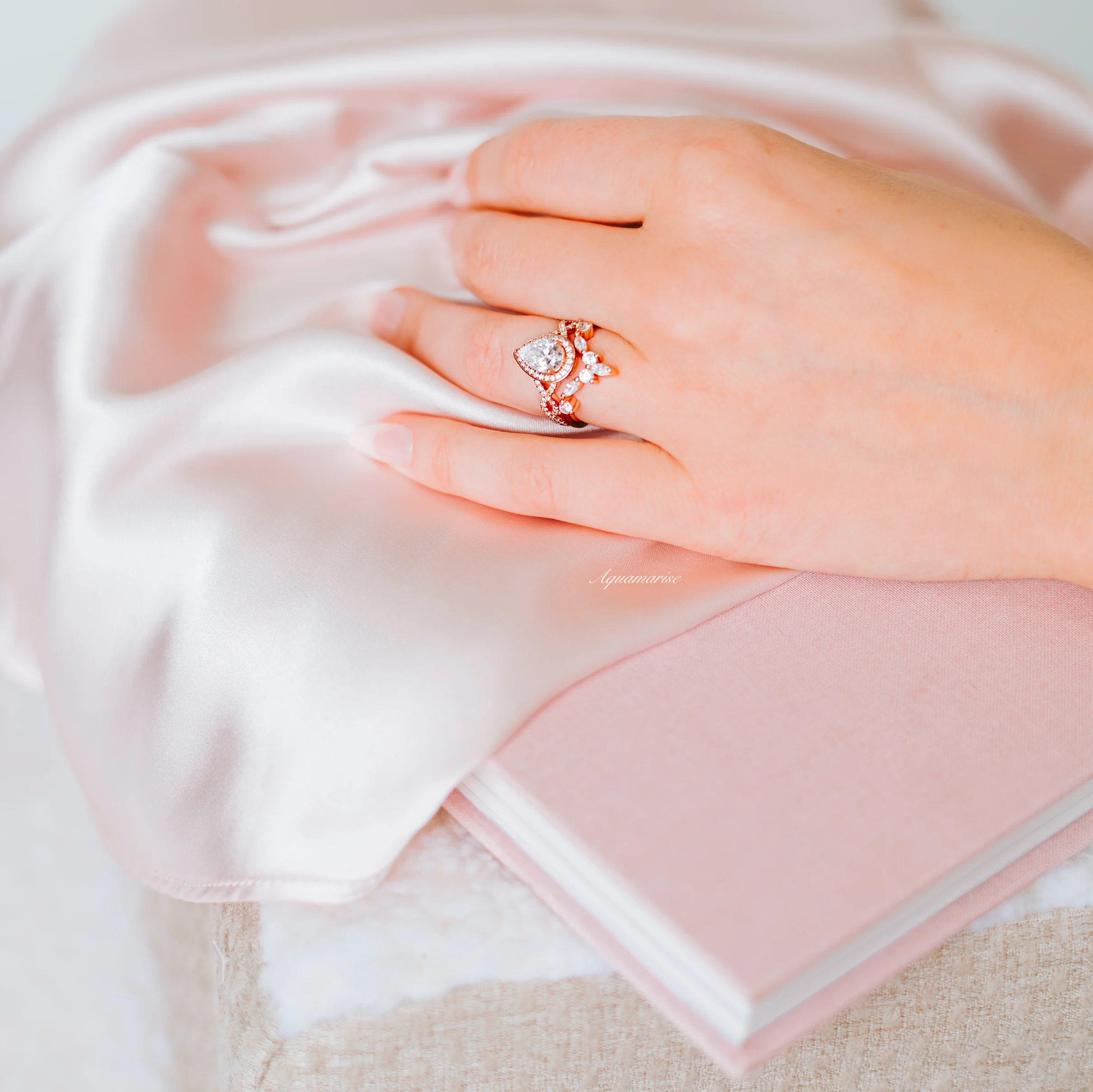 Marquise Natural Diamond or Moissanite Wedding Band in 14K Solid Rose Gold - Image 6