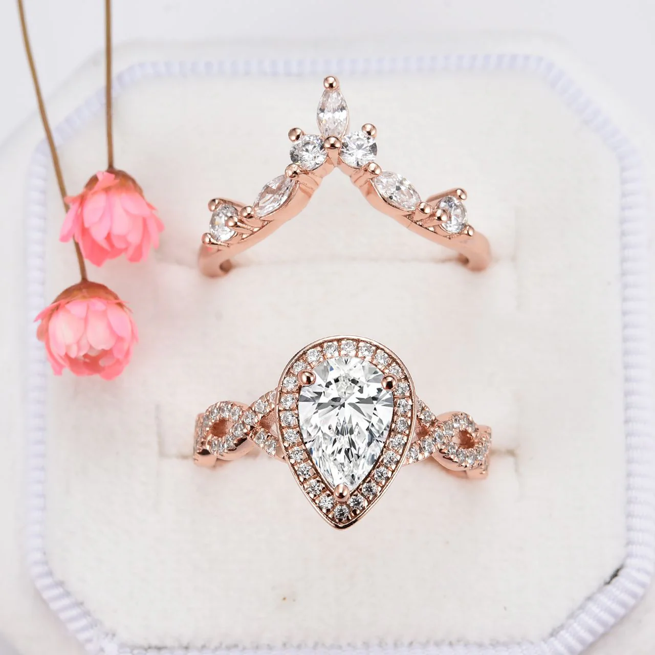 Marquise Natural Diamond or Moissanite Wedding Band in 14K Solid Rose Gold - Image 8