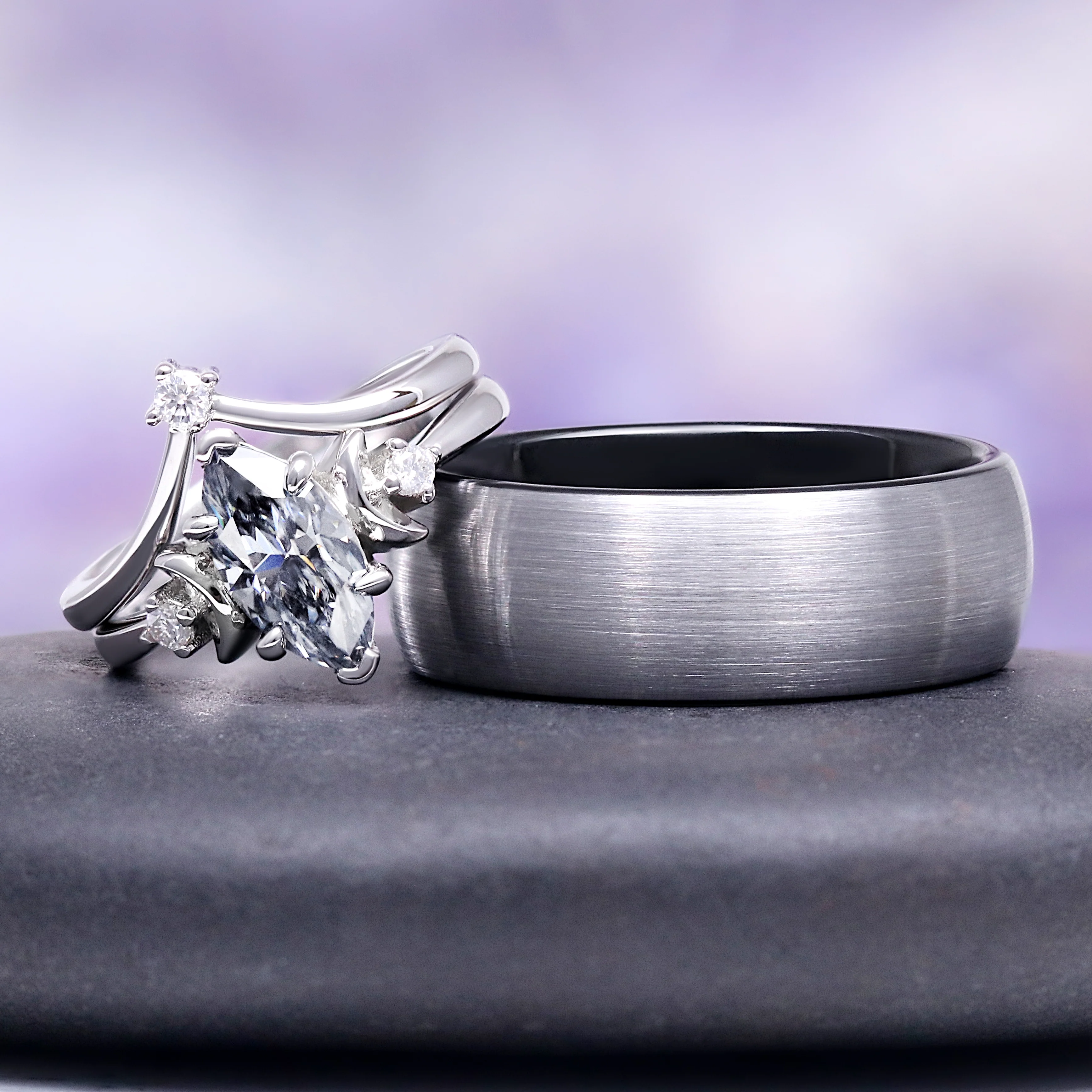 Gray Moissanite Crescent Moon Couples Ring Set