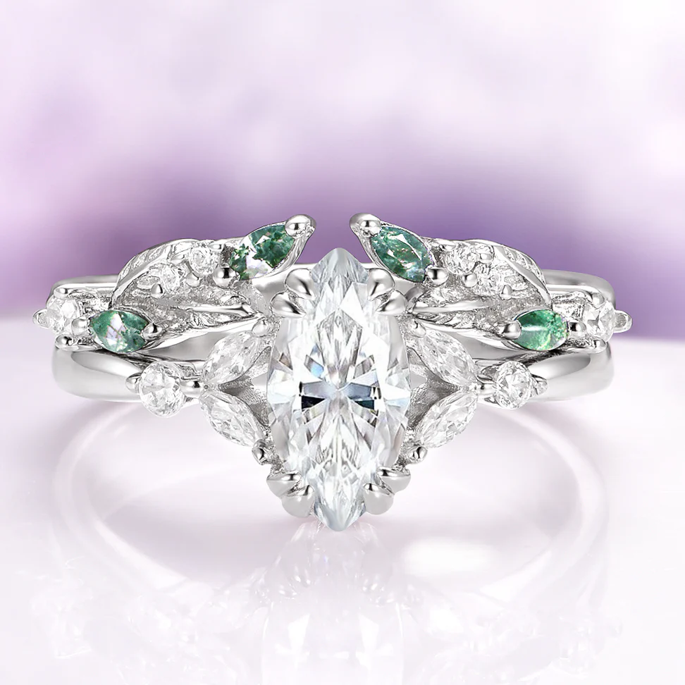 Green Moss Agate & Simulated Diamond Leaf Engagement Ring Set in Sterling Silver
