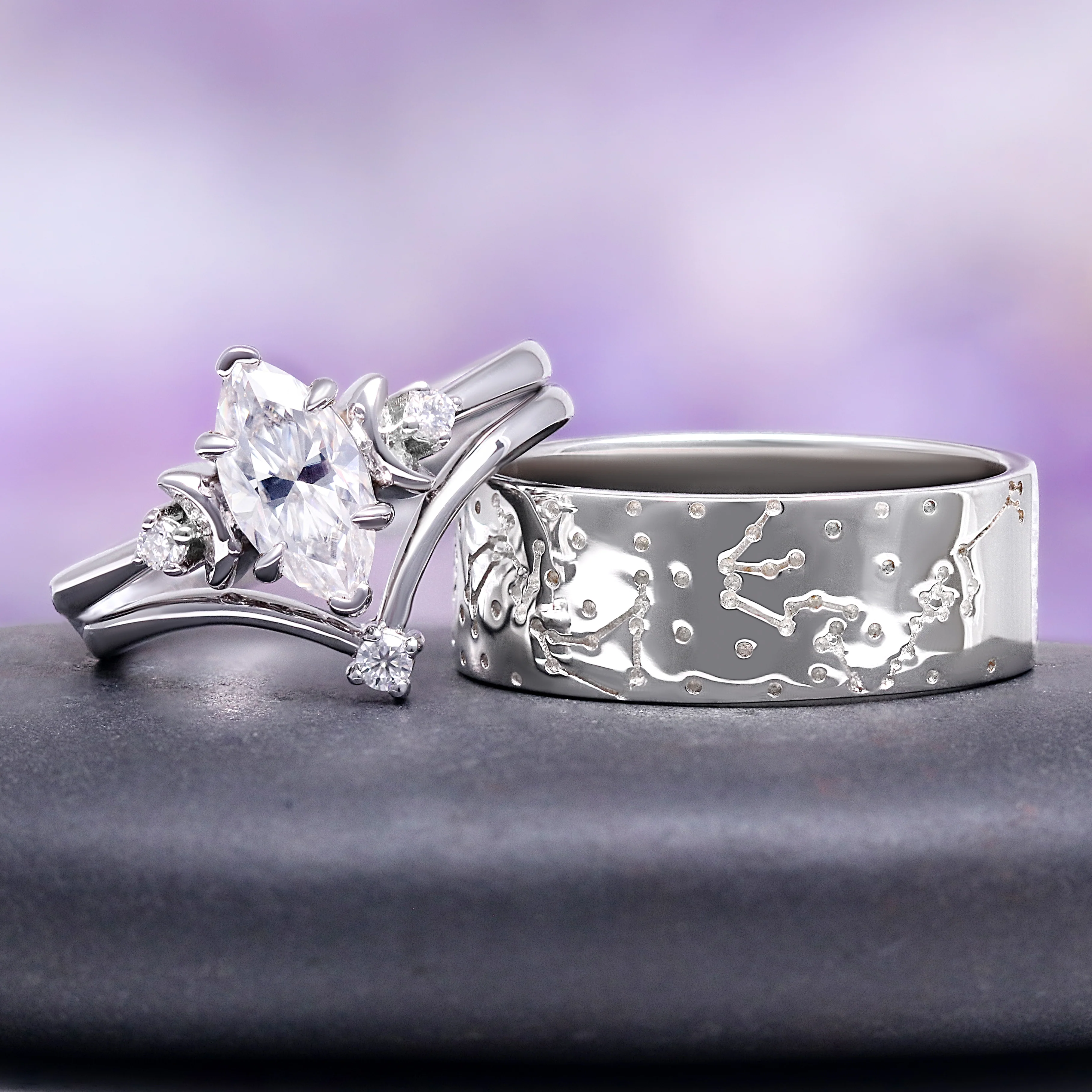 Moissanite Crescent Moon Ring Set in Sterling Silver - Image 2