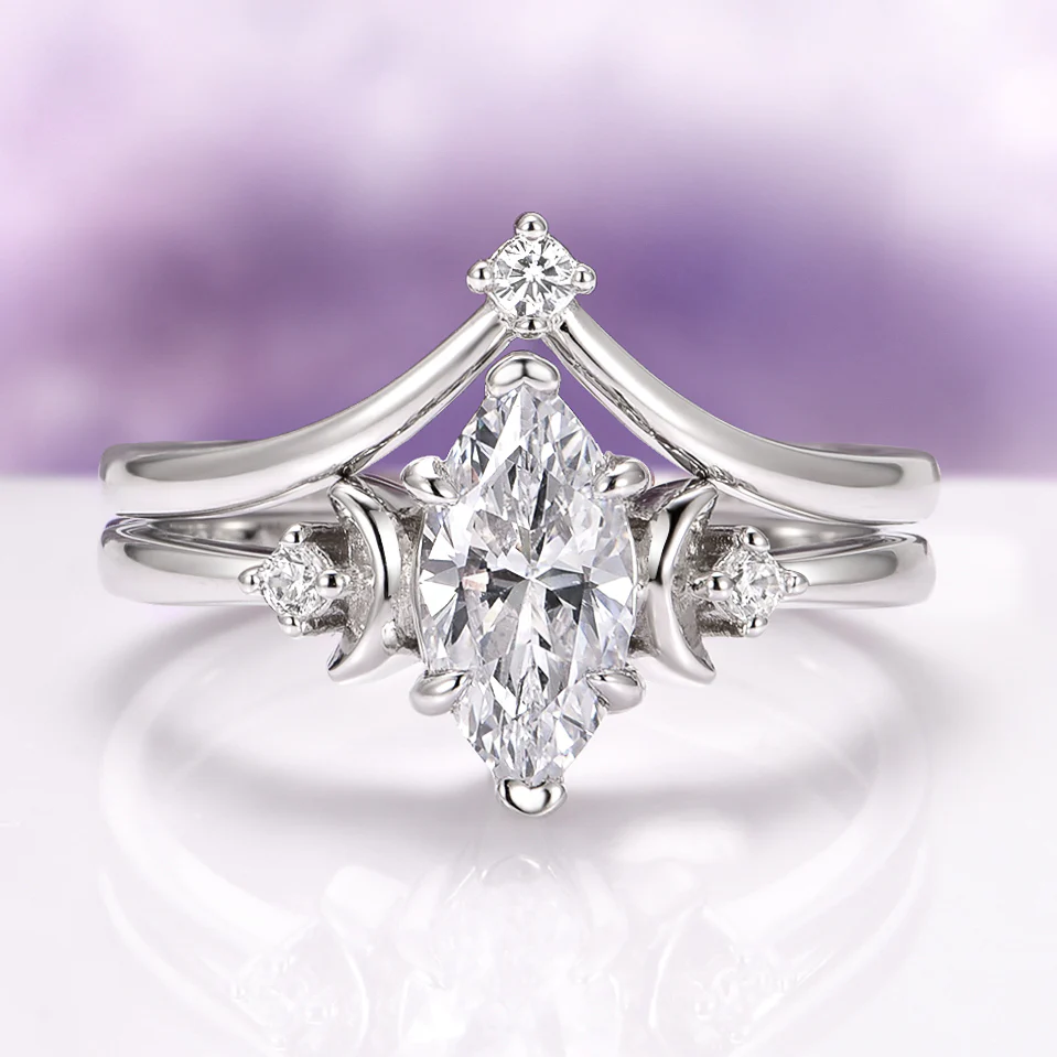 Moissanite Crescent Moon Ring Set in Sterling Silver