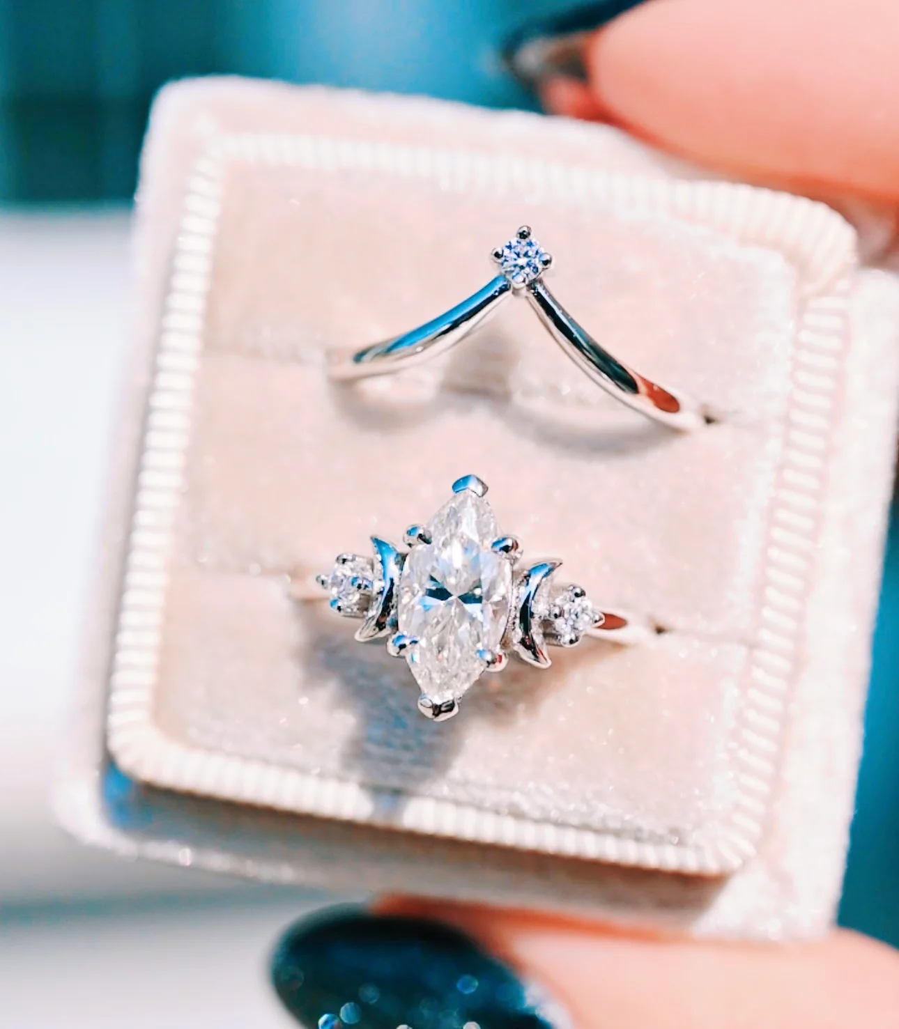 Moissanite Crescent Moon Ring Set in Sterling Silver - Image 3