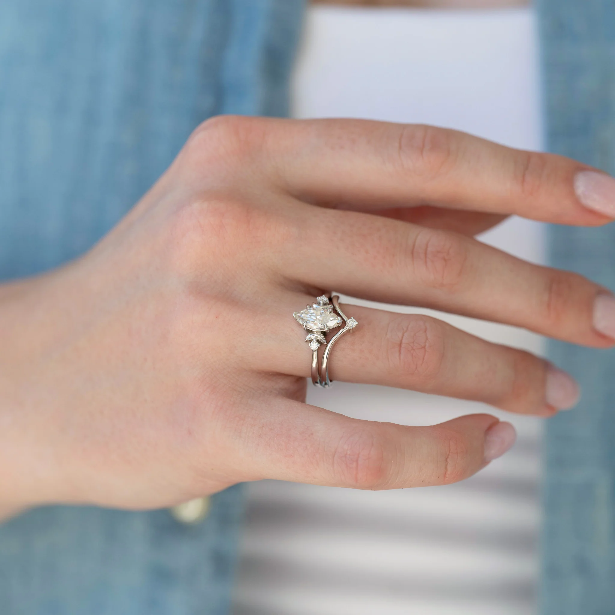 Moissanite Crescent Moon Ring Set in Sterling Silver - Image 4