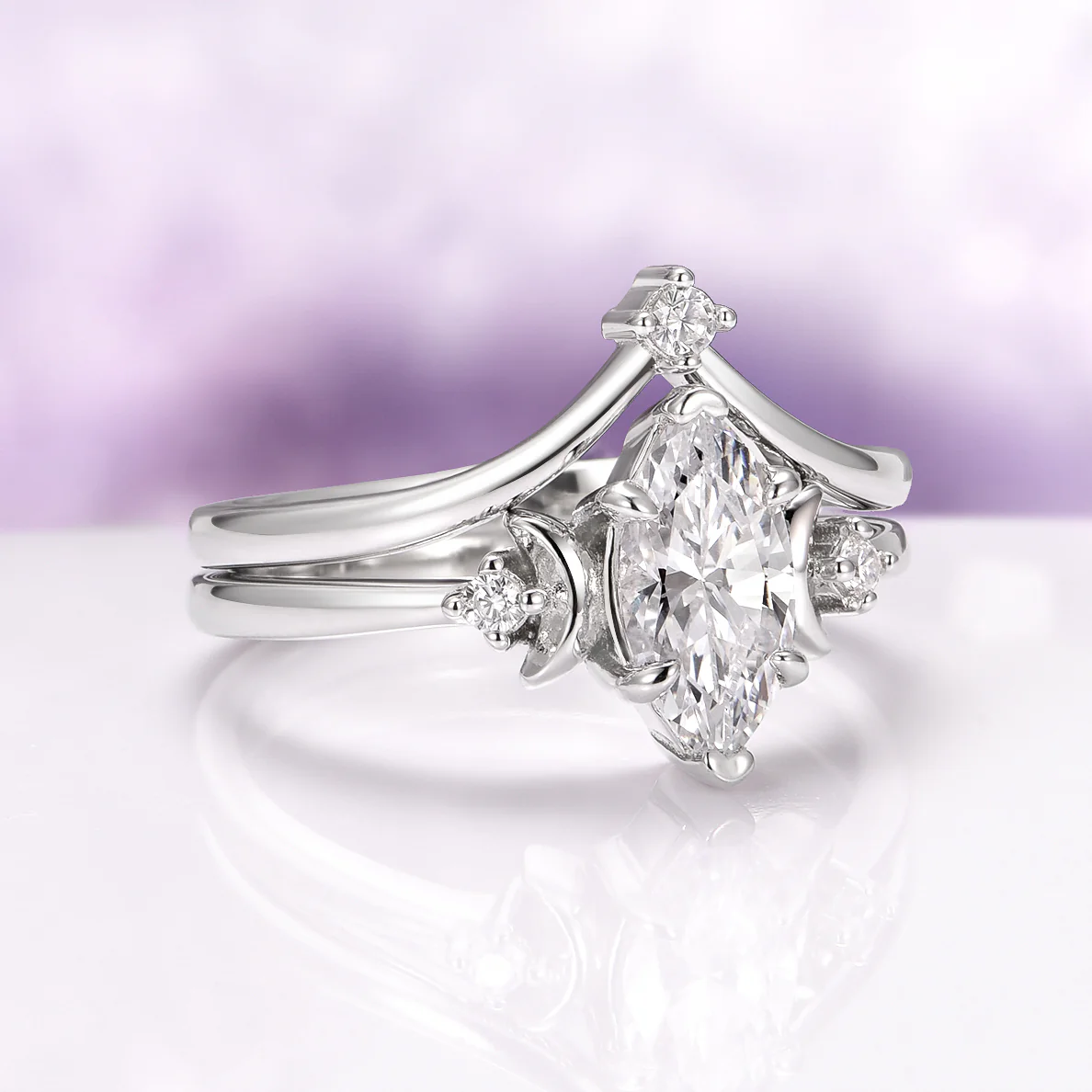 Moissanite Crescent Moon Ring Set in Sterling Silver - Image 5