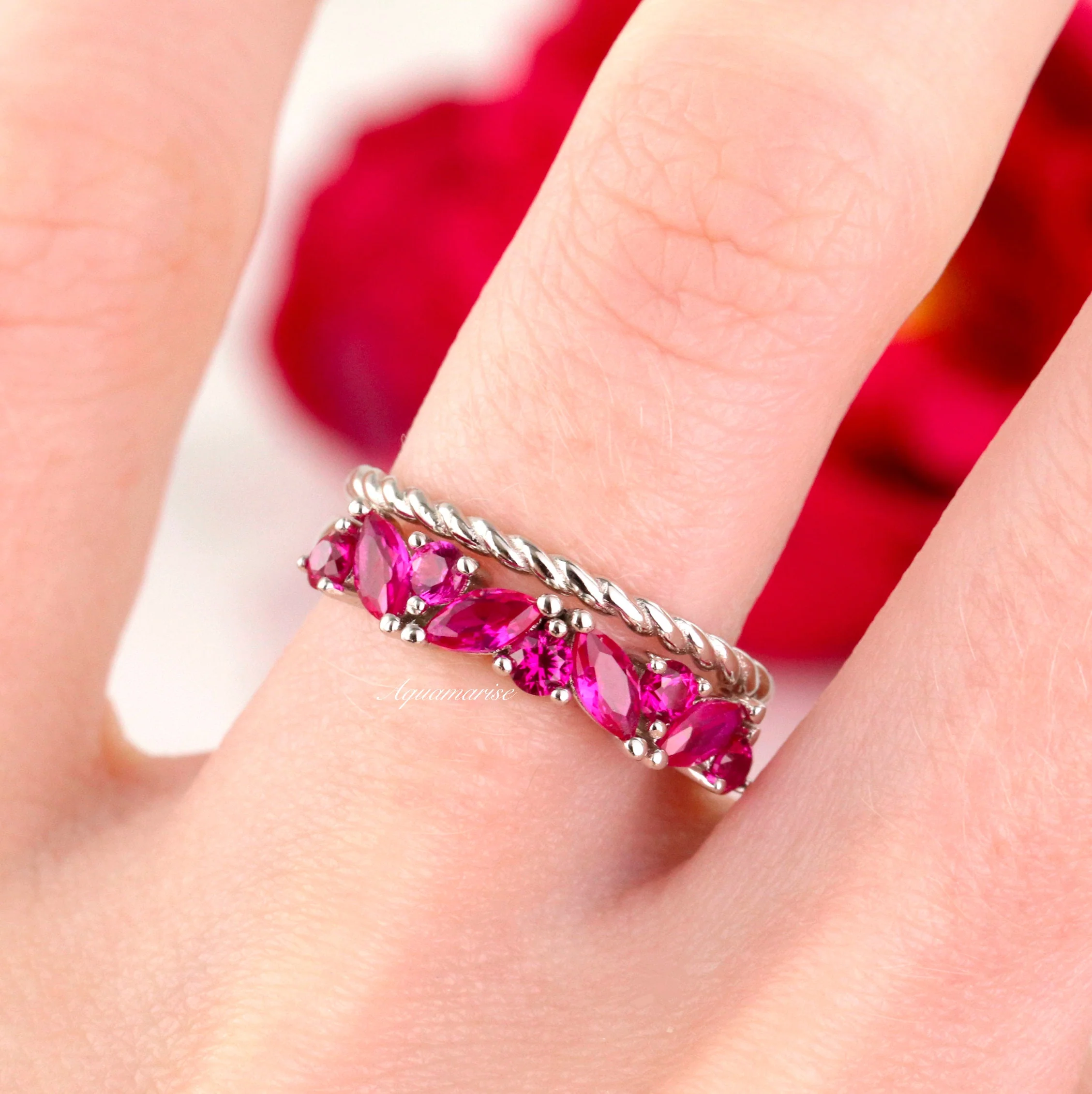 Willow Marquise Cut Ruby Stacking Ring Set in Sterling Silver - Image 4