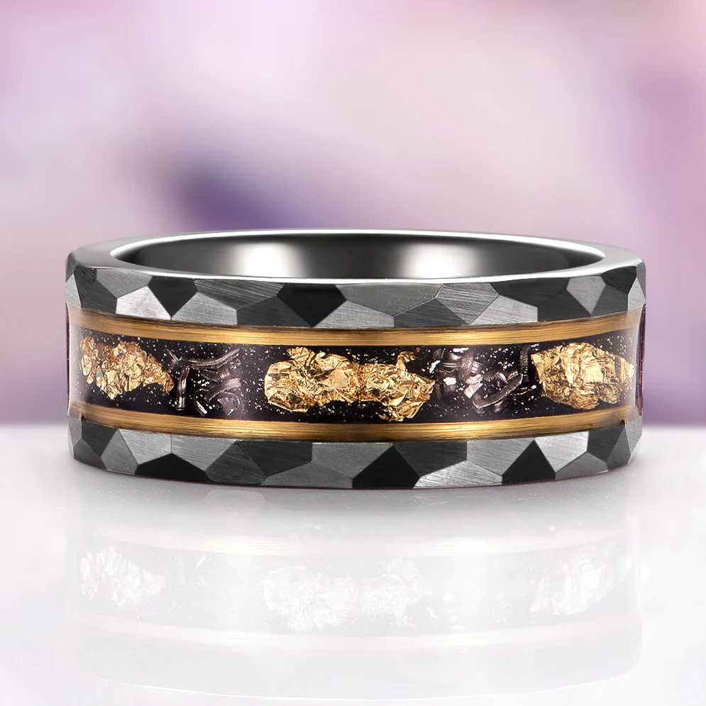 Meteorite & Gold Leaf Wedding Band in Two Tone Black Tungsten (8mm) - Image 8