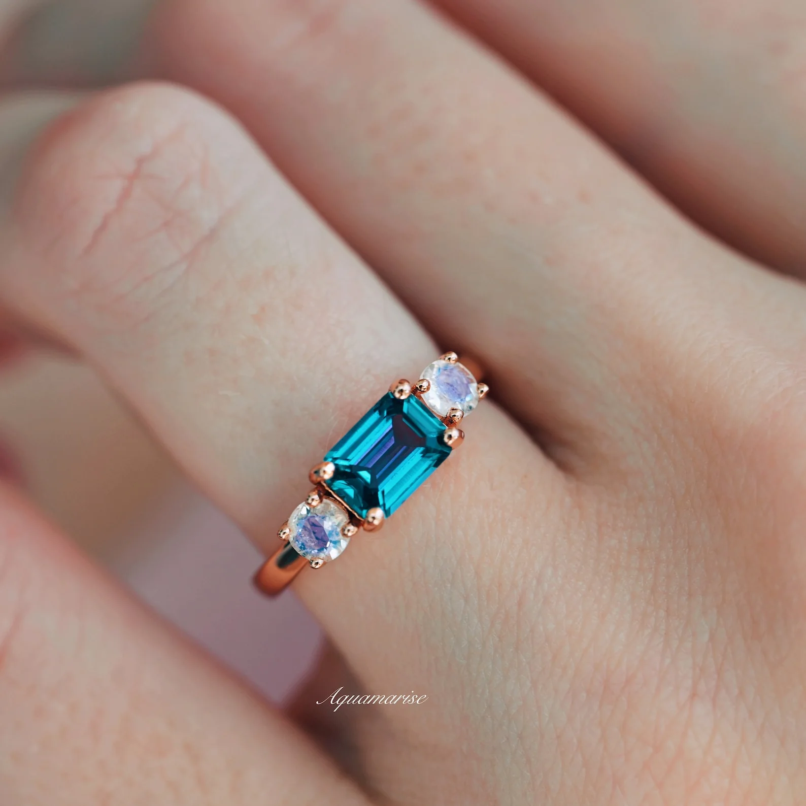 Alexandrite and Moonstone Ring in 14K Solid Rose Gold - Image 2