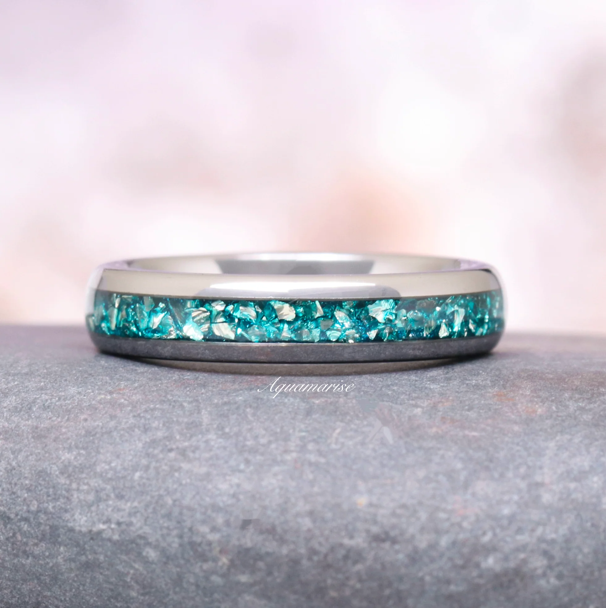 Minimalist Crushed Aquamarine Couples Ring Set - Image 3
