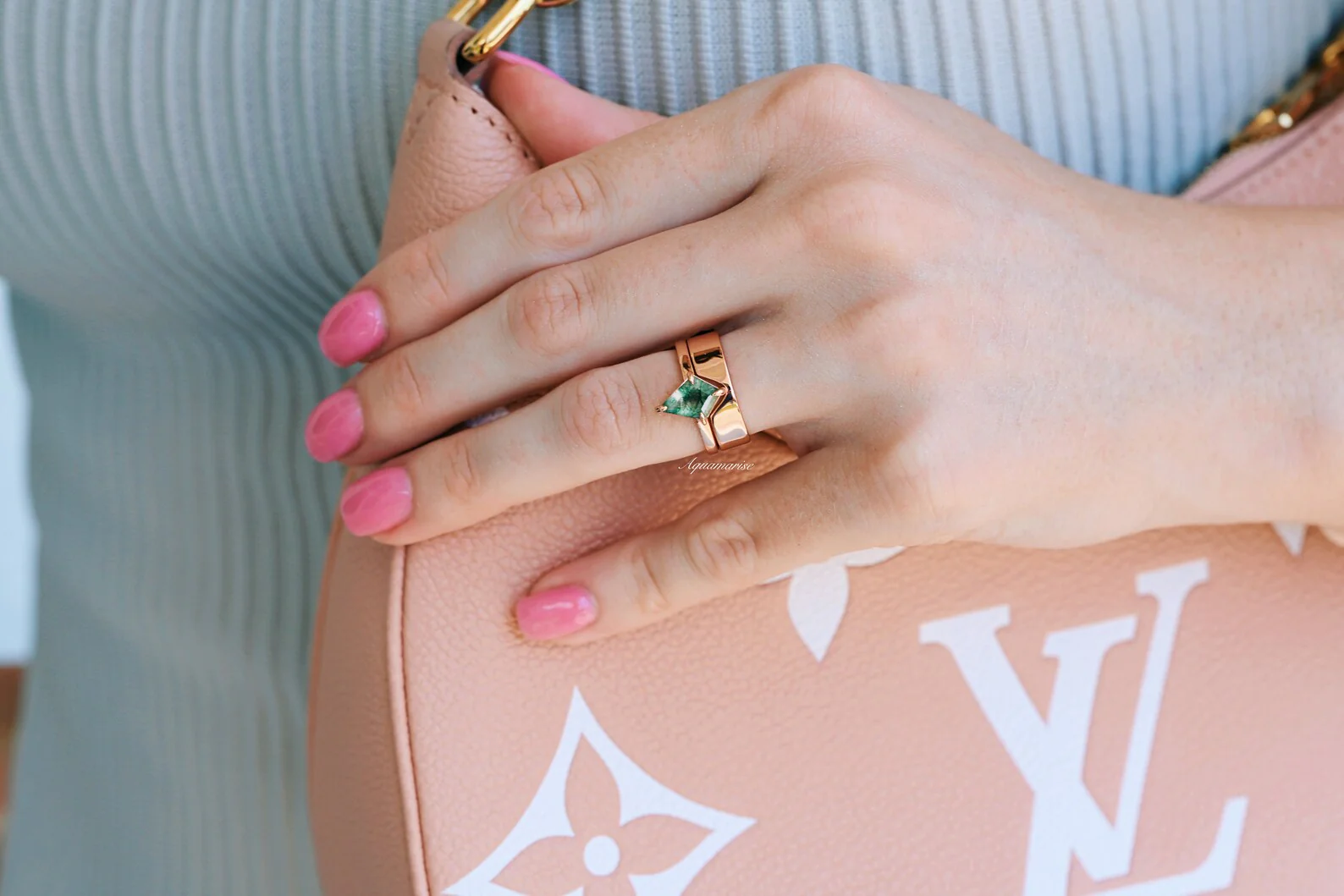 Minimalist Kite Cut Green Moss Agate Engagement Ring in 14K Solid Rose Gold - Image 3