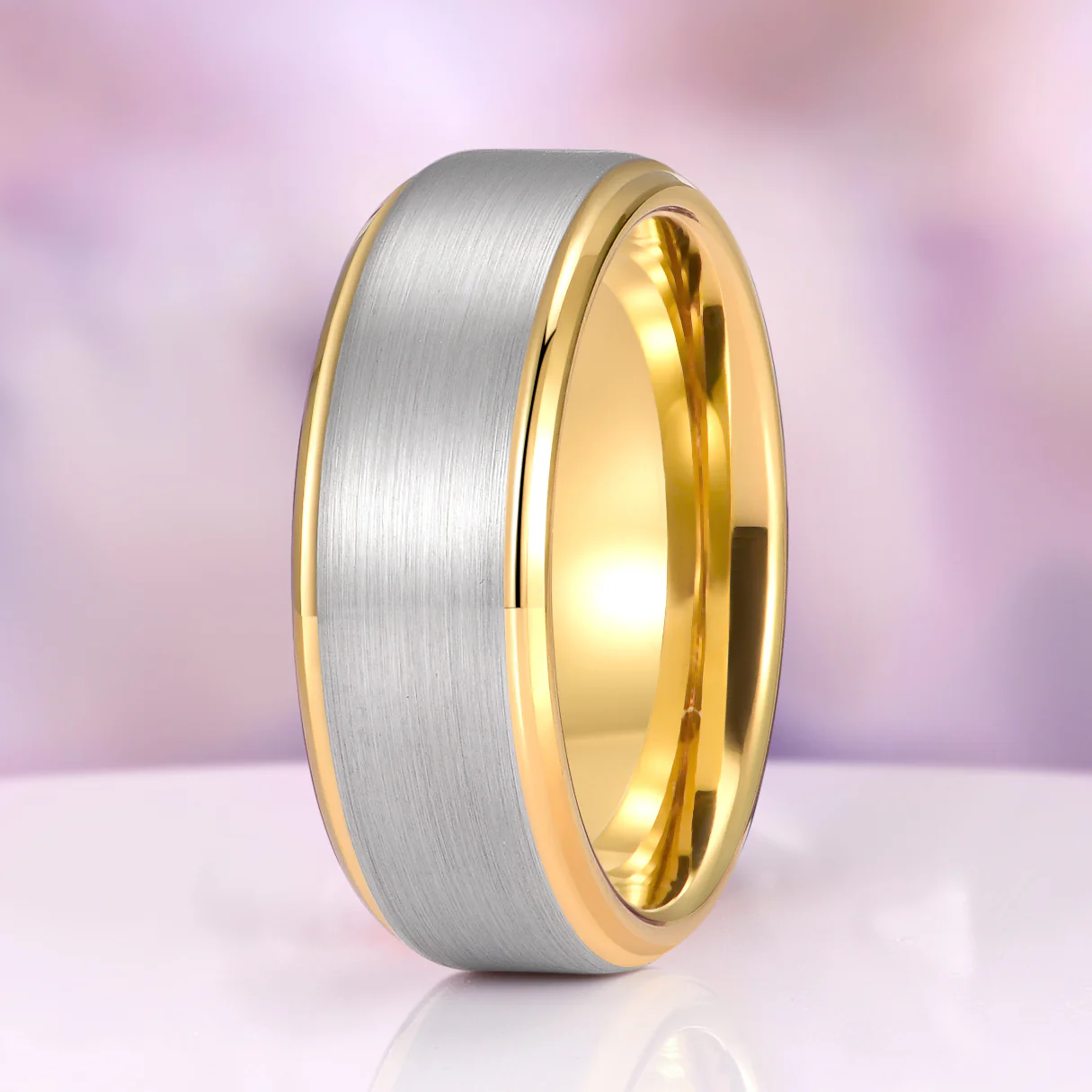 Minimalist Tungsten Wedding Ring- Two-Tone Silver & Gold Band (8mm)
