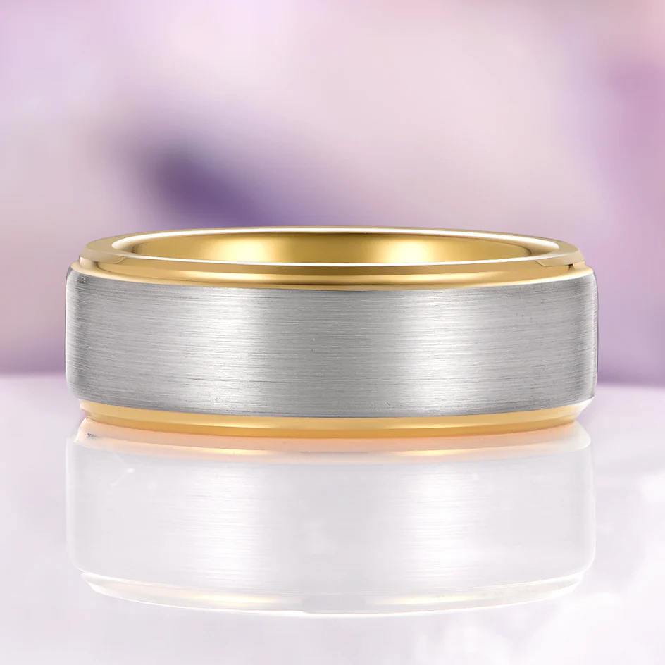 Minimalist Tungsten Wedding Ring- Two-Tone Silver & Gold Band (8mm) - Image 2