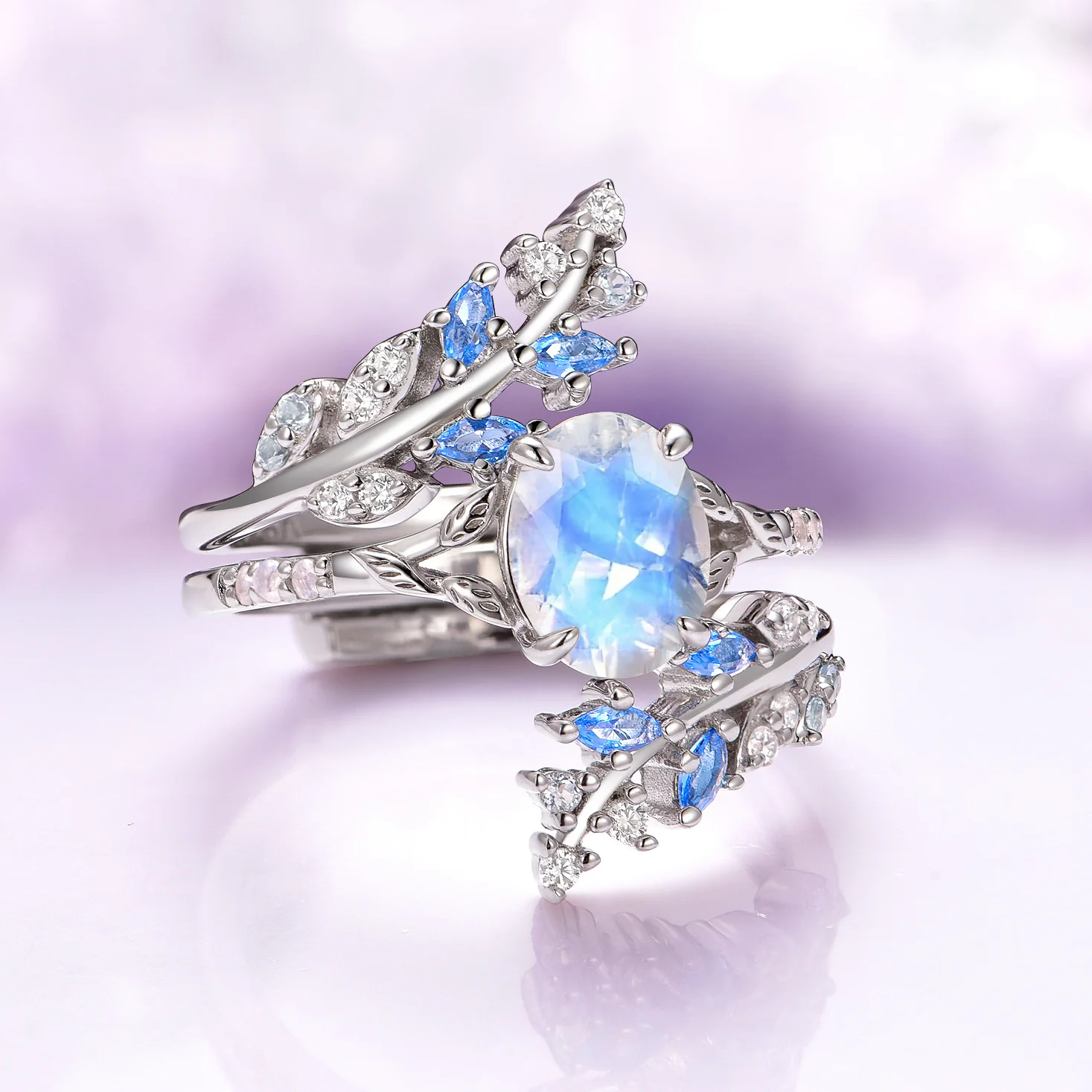 Moonstone and Aquamarine Leaf Engagement Ring Set- 14K White Gold - Image 2