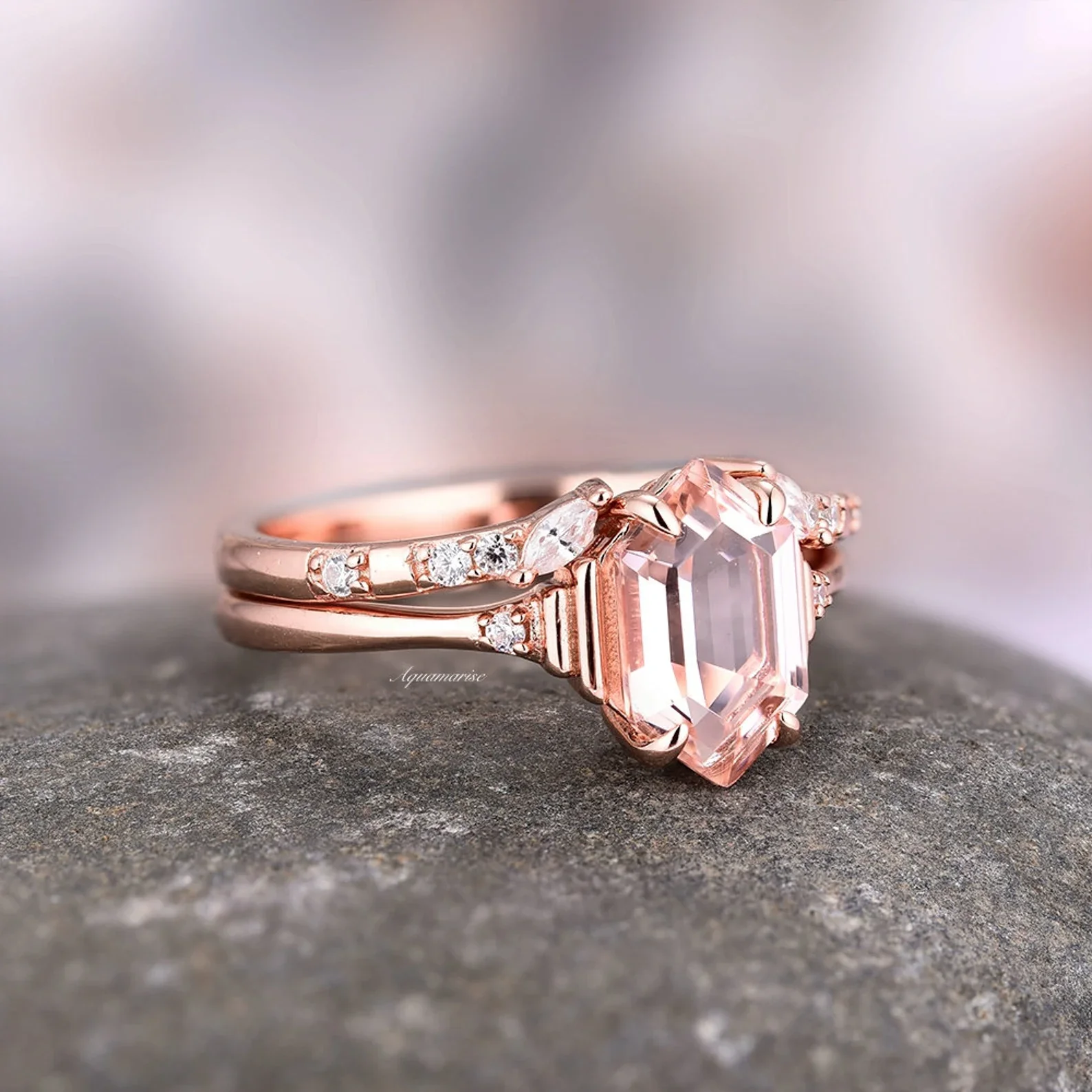 Hexagon Morganite Couples Ring Set - Image 9