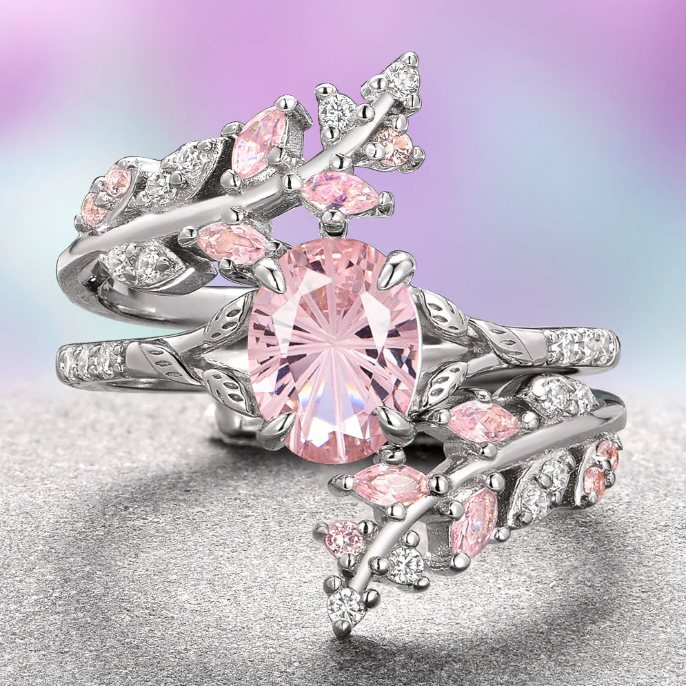 Fireworks Cut Morganite & Moonstone Leaf Couples Ring Set - Image 2