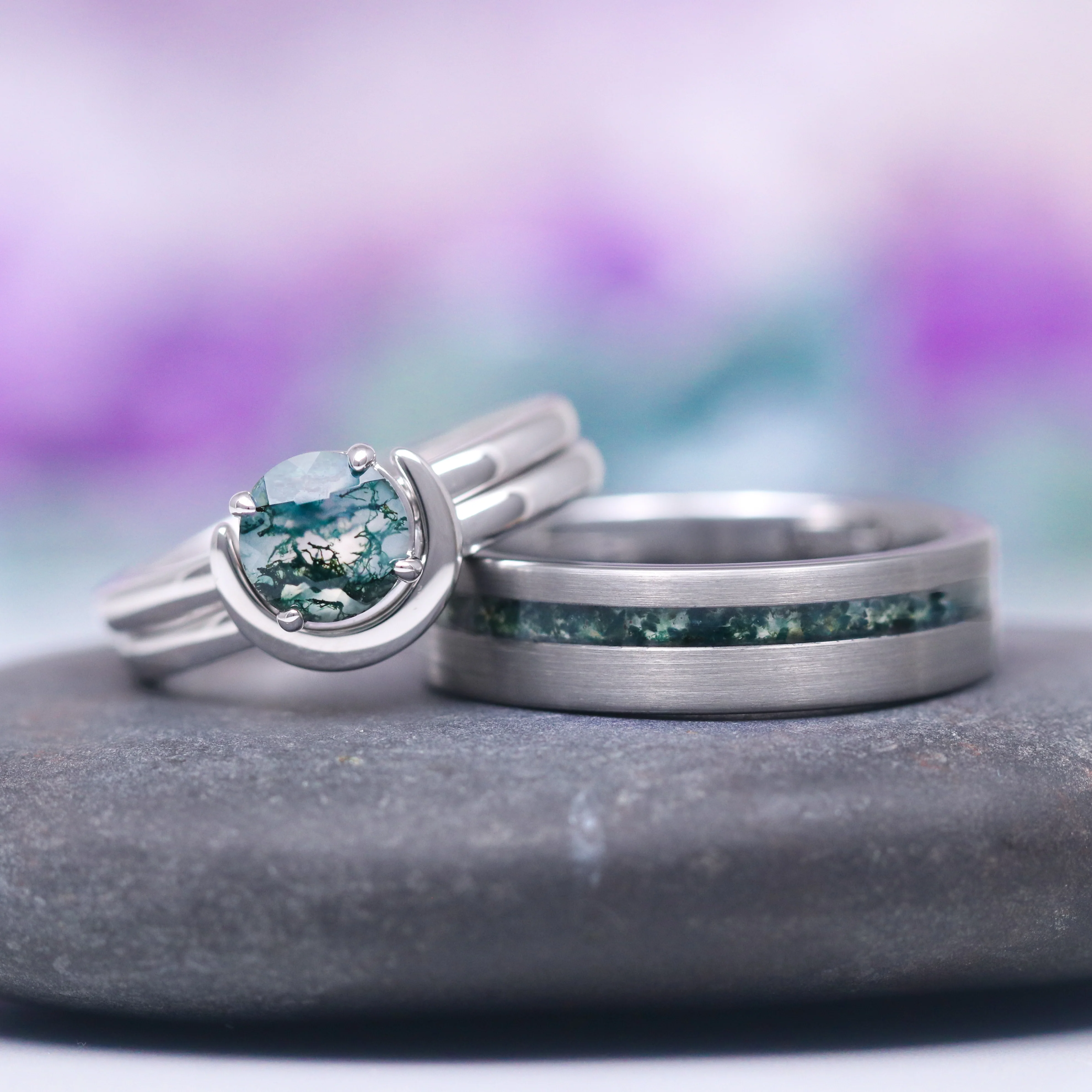 Green Moss Agate & Crescent Moon Couples Ring Set