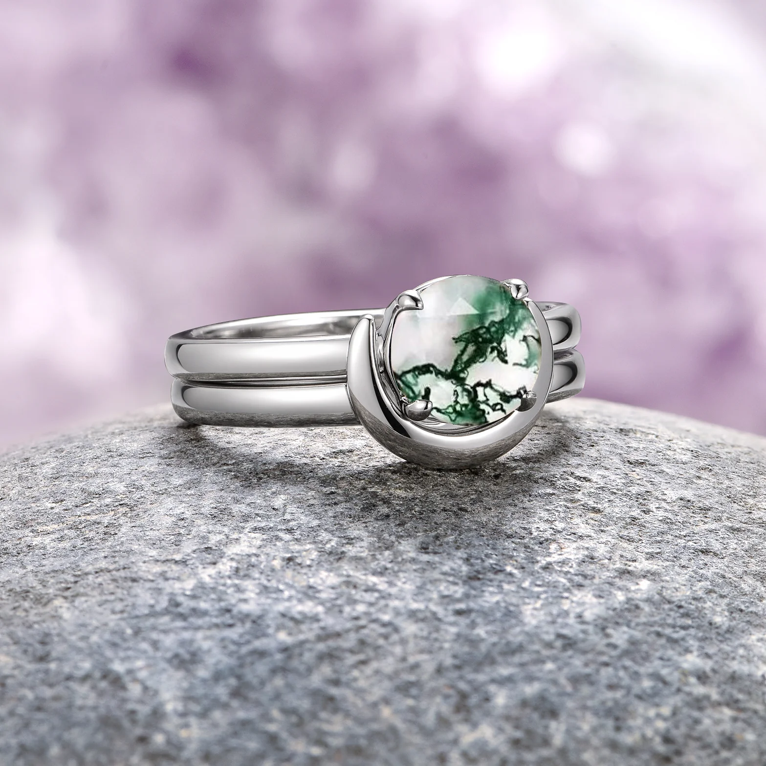 Green Moss Agate & Crescent Moon Couples Ring Set - Image 6