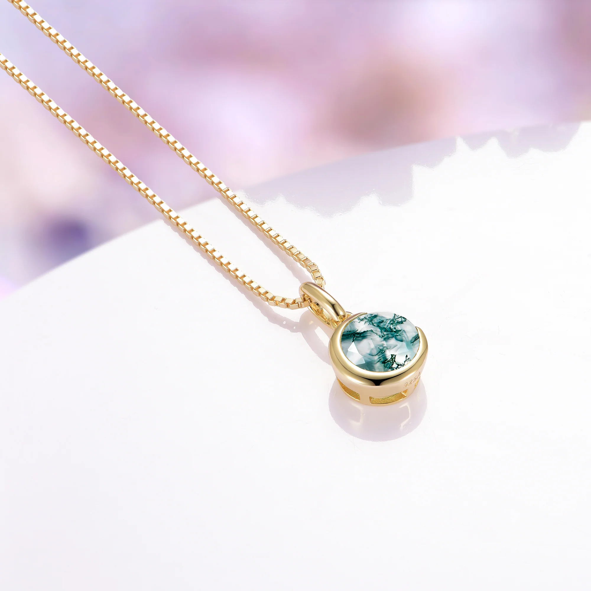 Moss Agate Crescent Moon Necklace in 14K Yellow Gold Vermeil - Image 2