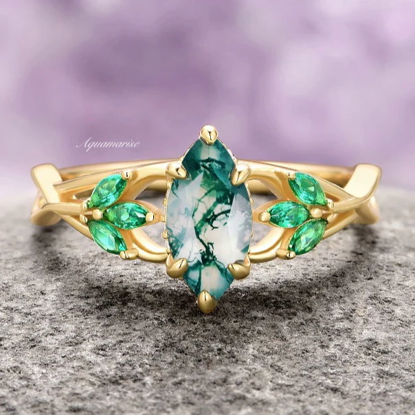 Celtic Knot Moss Agate & Gold Leaf Couples Ring Set - Image 3