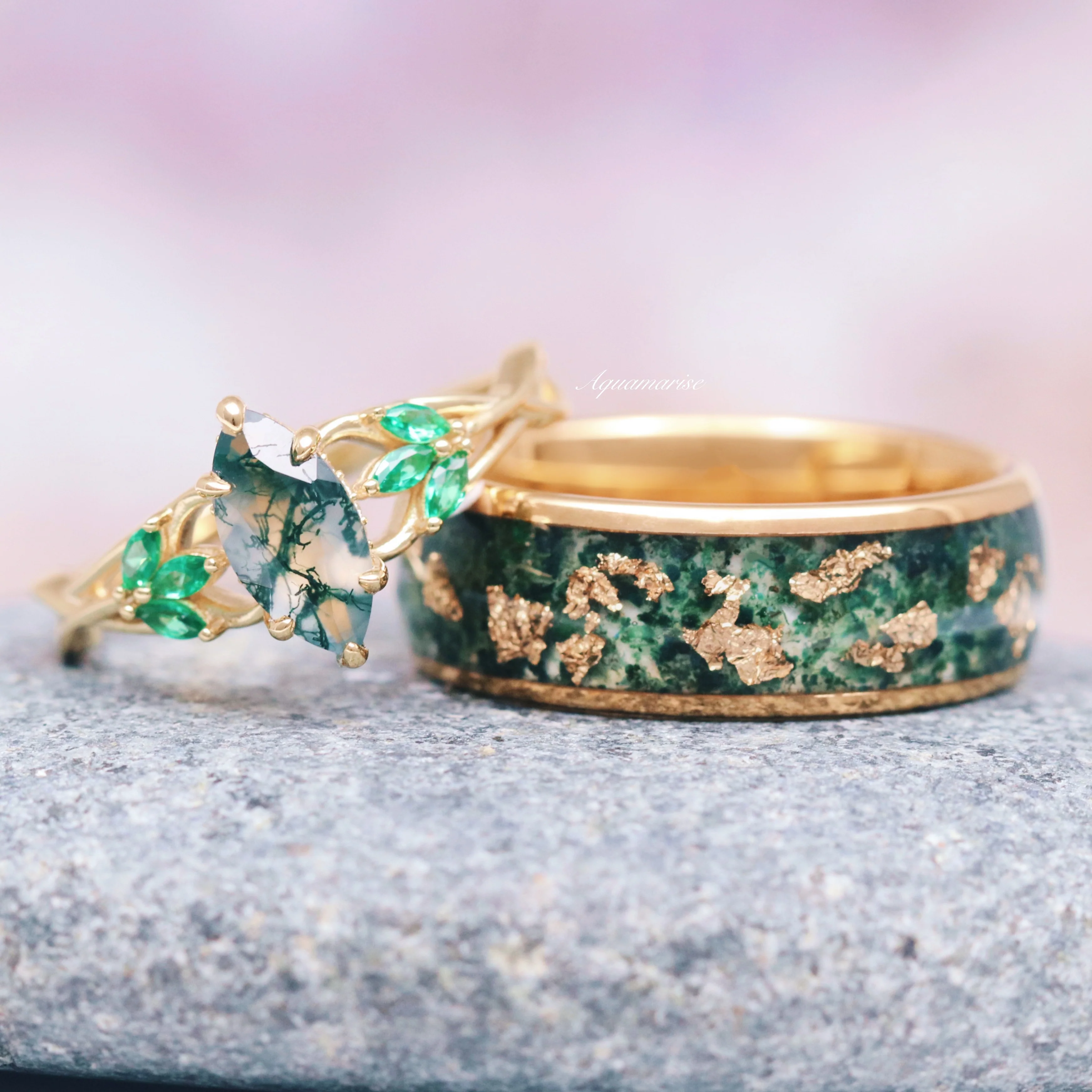 Celtic Knot Moss Agate & Gold Leaf Couples Ring Set