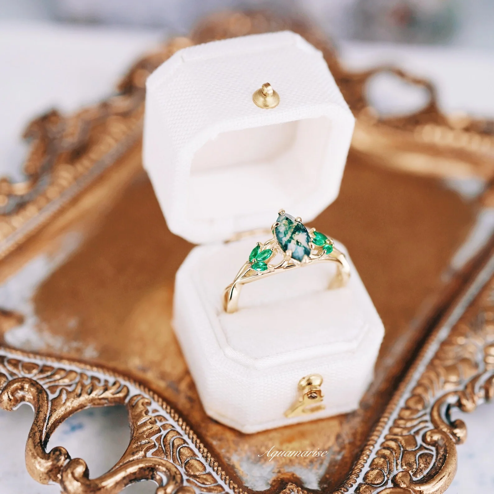 Celtic Knot Moss Agate & Gold Leaf Couples Ring Set - Image 5