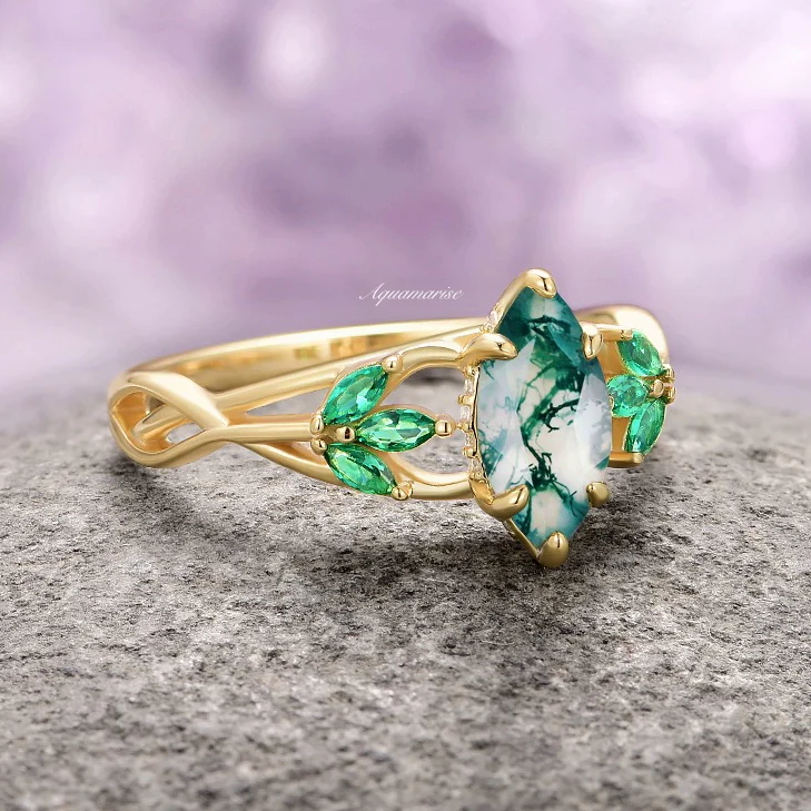 Celtic Knot Moss Agate & Gold Leaf Couples Ring Set - Image 7