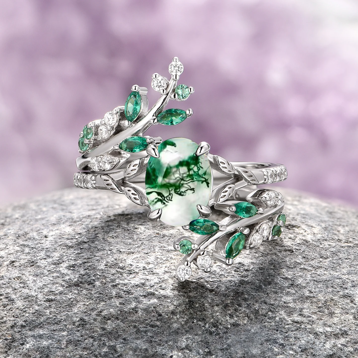 Moss Agate & Emerald Fairy Leaf Couples Ring Set - Image 4