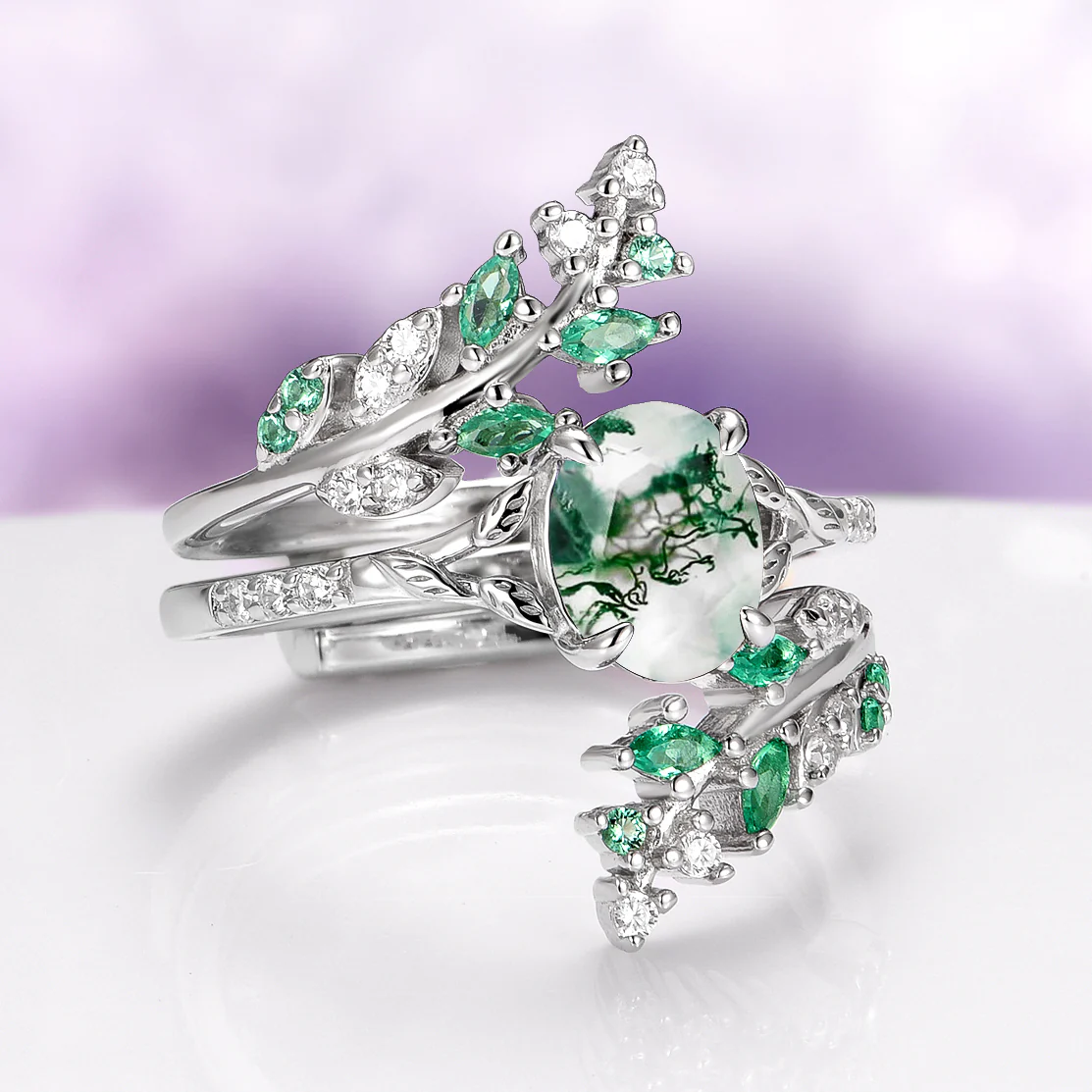 Moss Agate & Emerald Fairy Leaf Couples Ring Set - Image 7