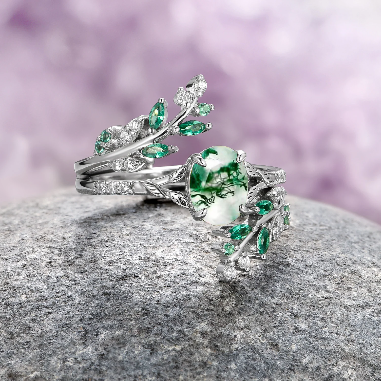 Moss Agate & Emerald Fairy Leaf Couples Ring Set - Image 9