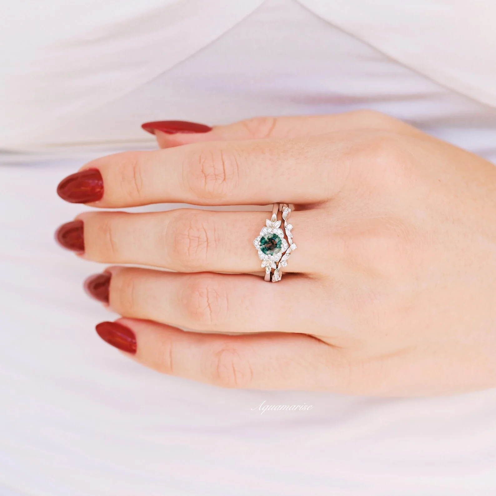 Moss Agate Fairy Leaf Ring Set in 14K White Gold - Image 4