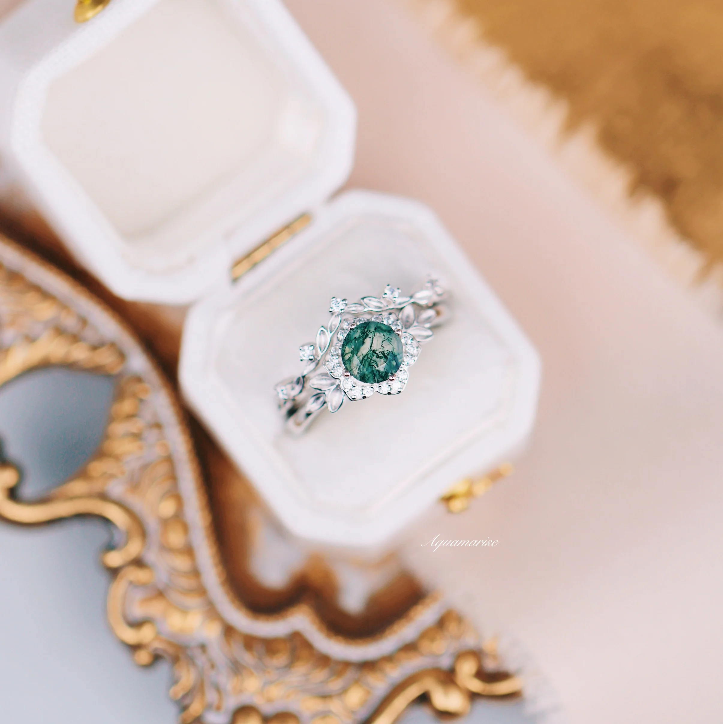 Moss Agate Fairy Leaf Ring Set in 14K White Gold - Image 5