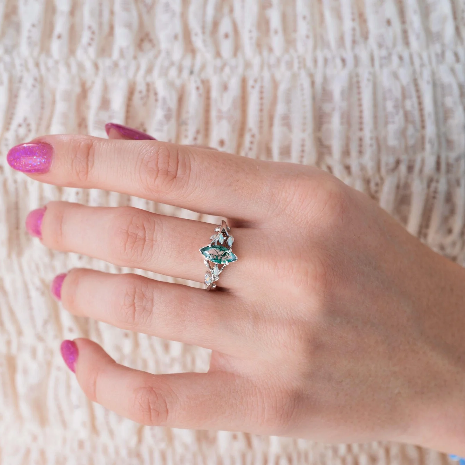 Rowan Moss Agate & Fire Opal Fairy Leaf Ring in Sterling Silver - Image 3