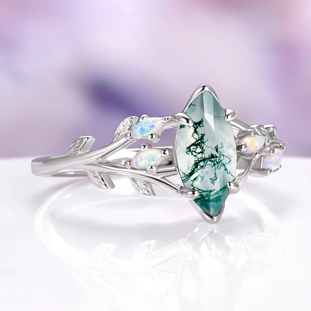 Rowan Moss Agate & Fire Opal Fairy Leaf Ring in Sterling Silver - Image 4