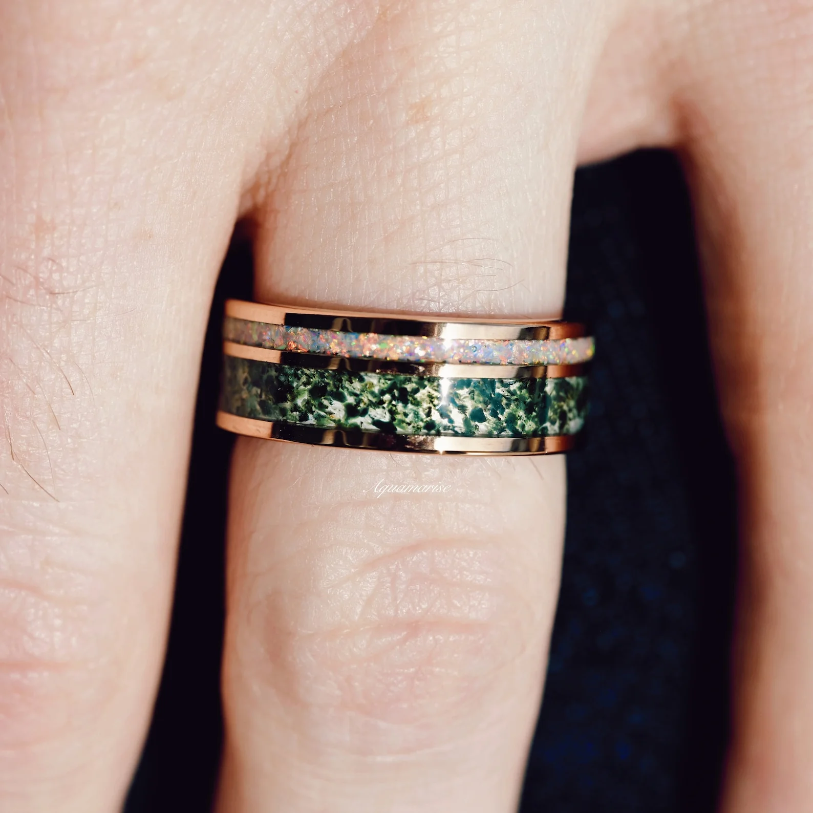 Moss Agate & Fire Opal Wedding Band- 8MM Rose Gold Tungsten - Image 3