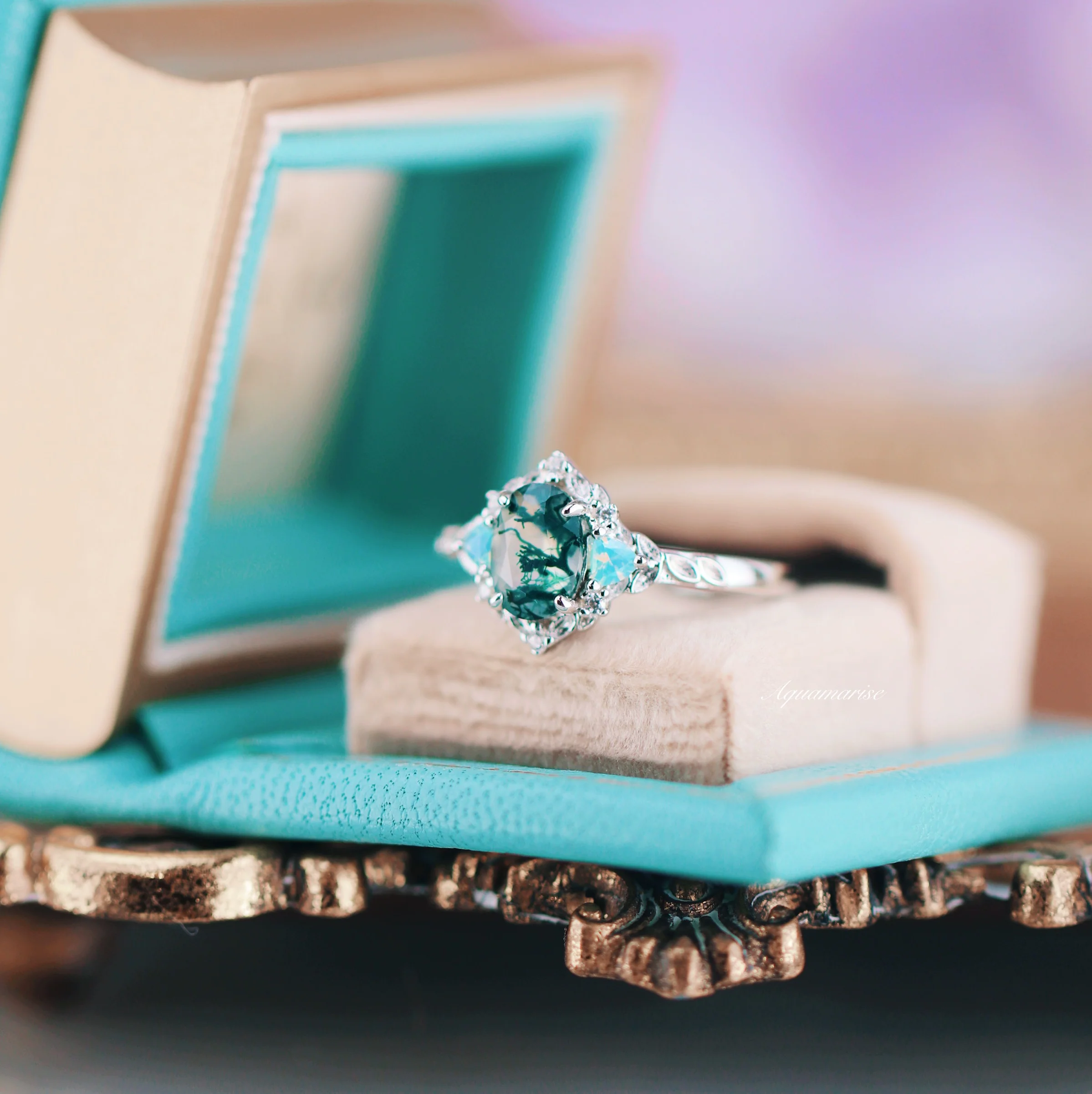Moss Agate & Opalescent Sapphire Engagement Ring in 14K White Gold - Image 2
