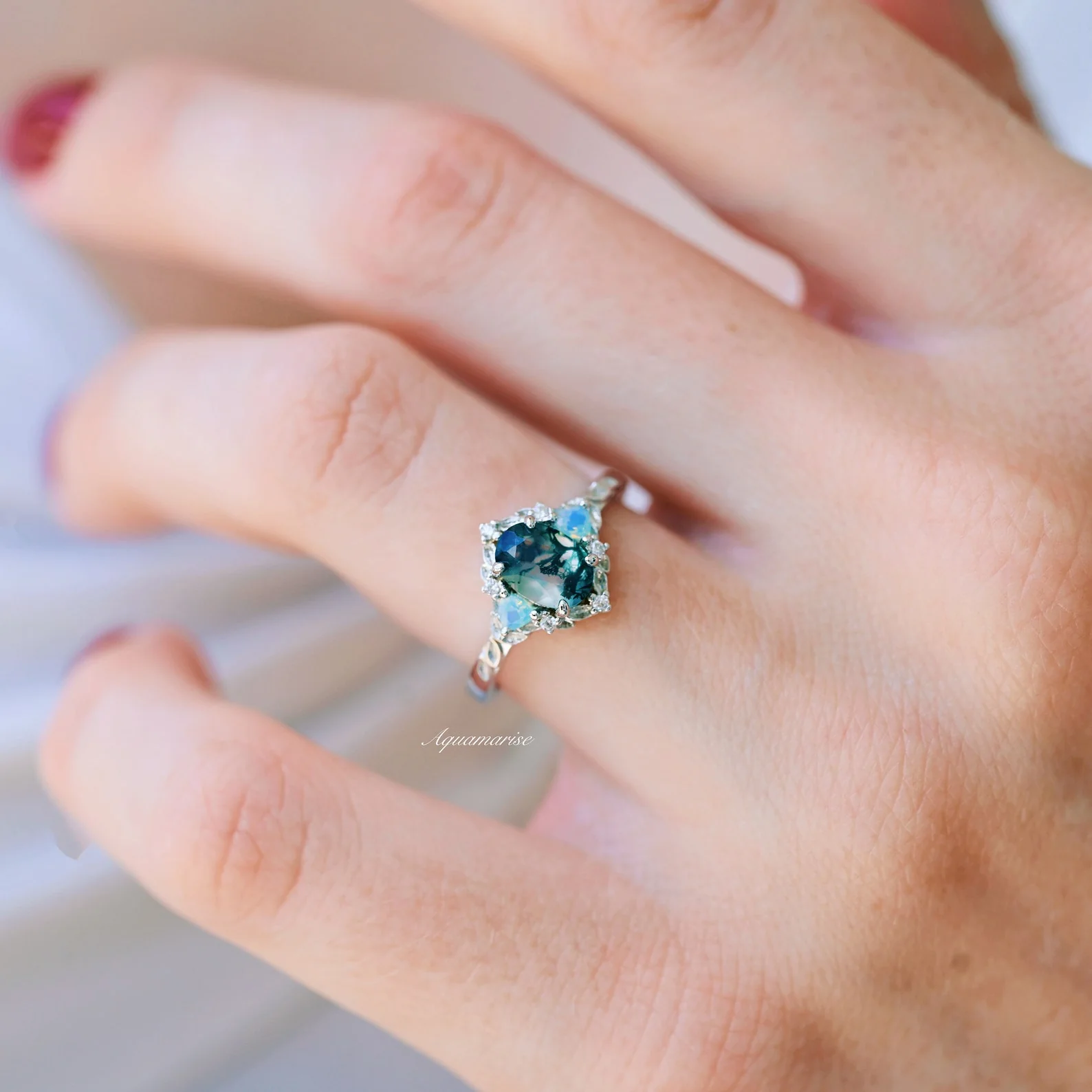 Moss Agate & Opalescent Sapphire Engagement Ring in 14K White Gold - Image 3