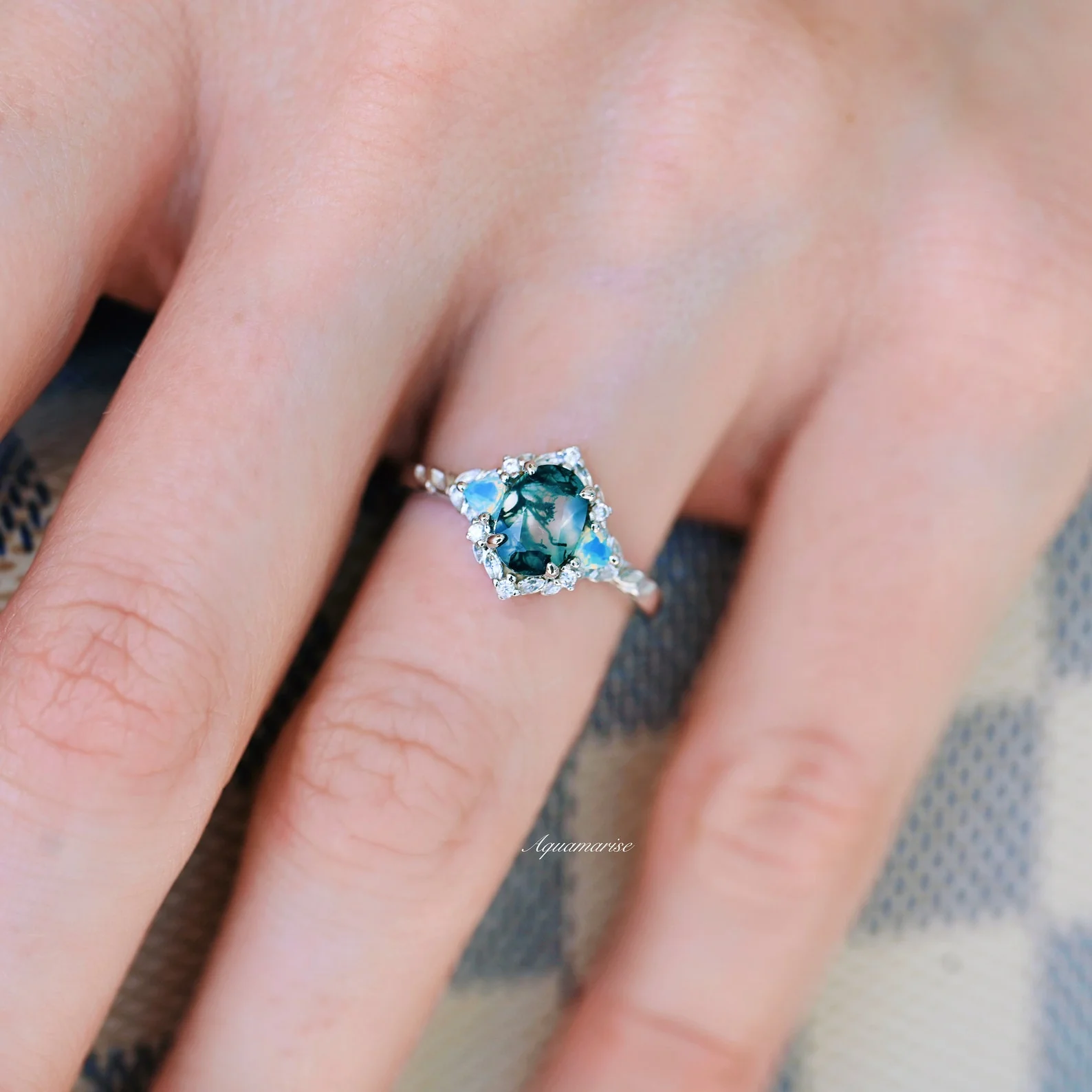 Moss Agate & Opalescent Sapphire Engagement Ring in 14K White Gold - Image 4