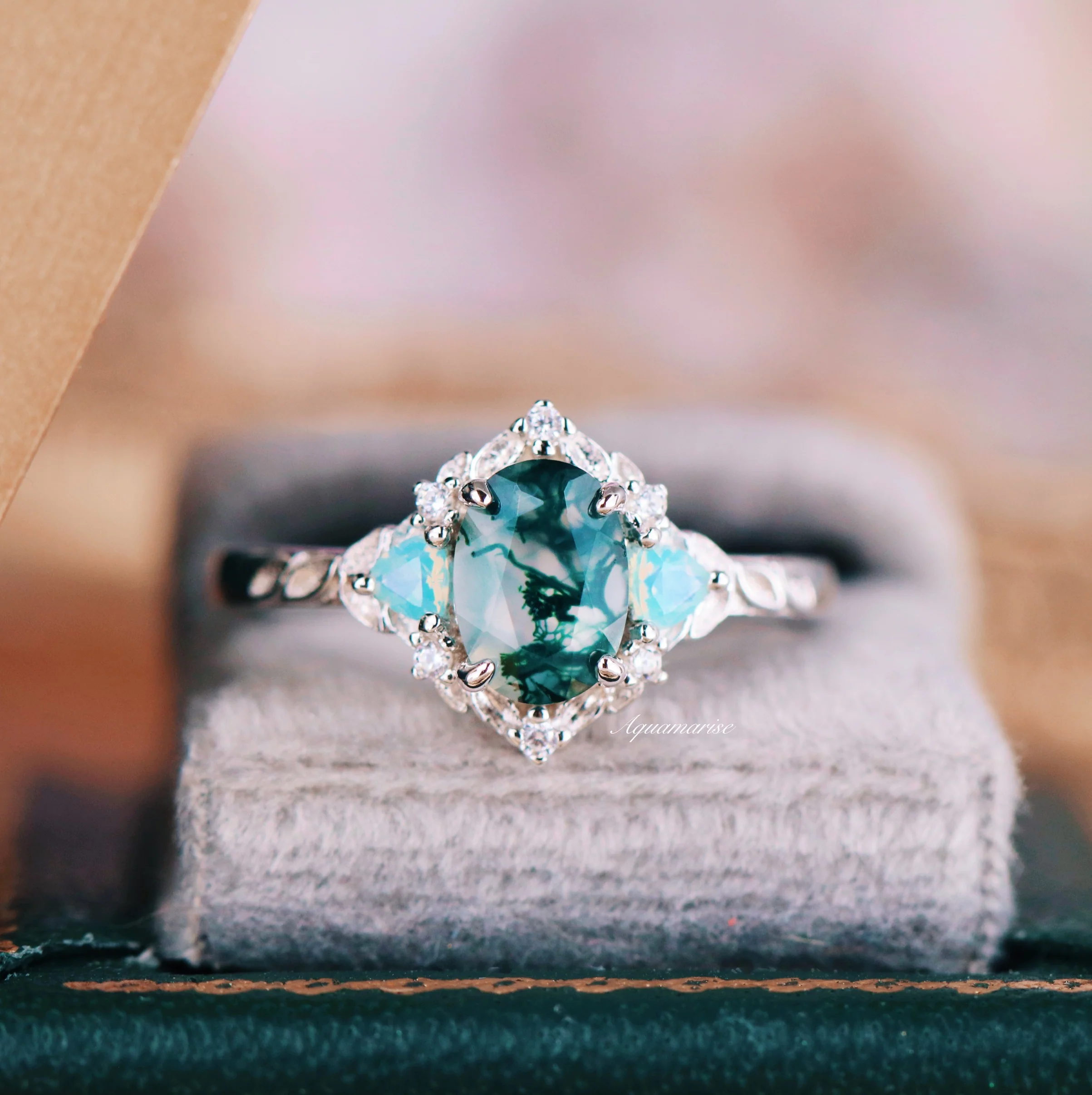 Moss Agate & Opalescent Sapphire Engagement Ring in 14K White Gold - Image 5
