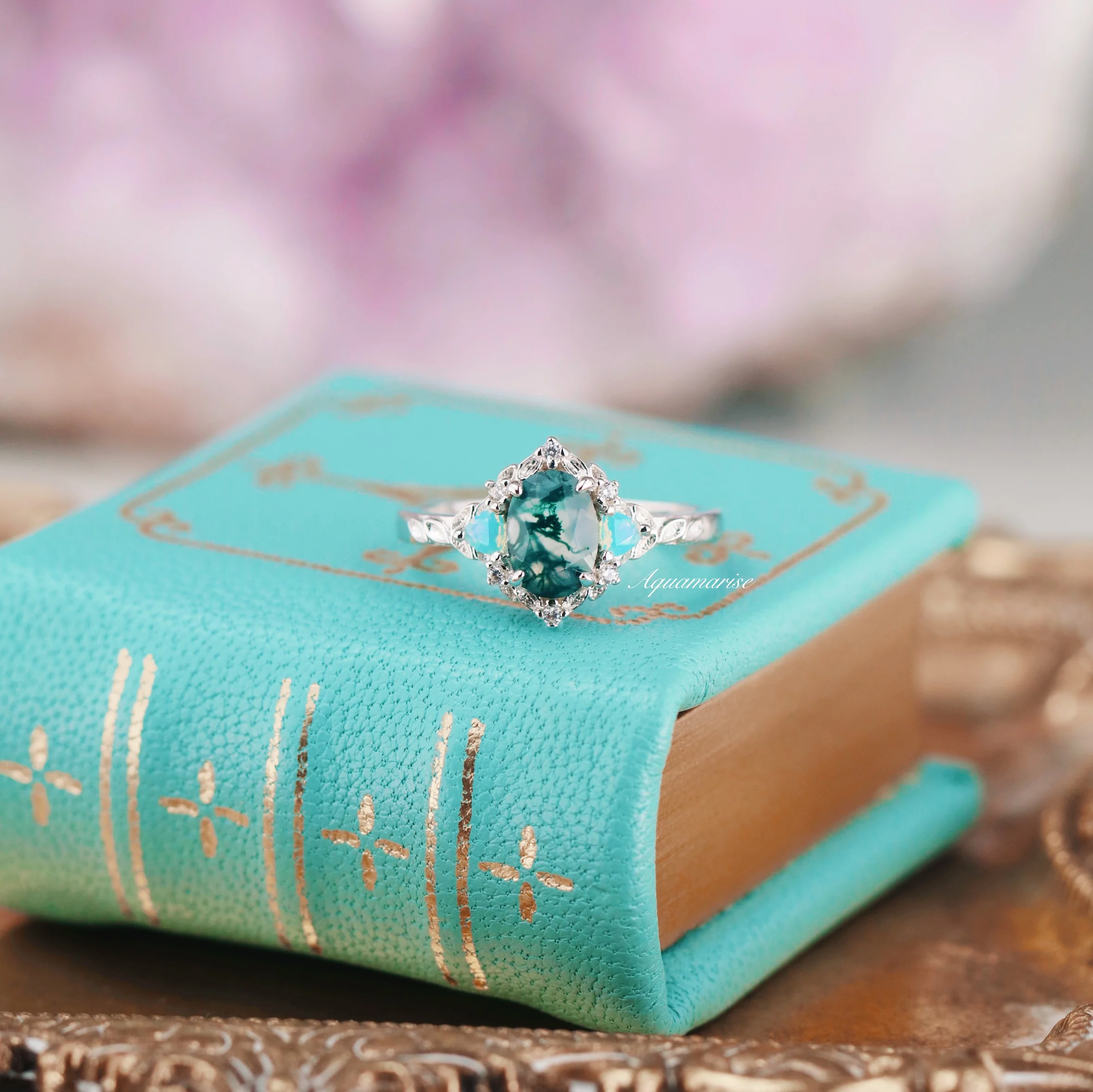 Moss Agate & Opalescent Sapphire Engagement Ring in 14K White Gold - Image 6